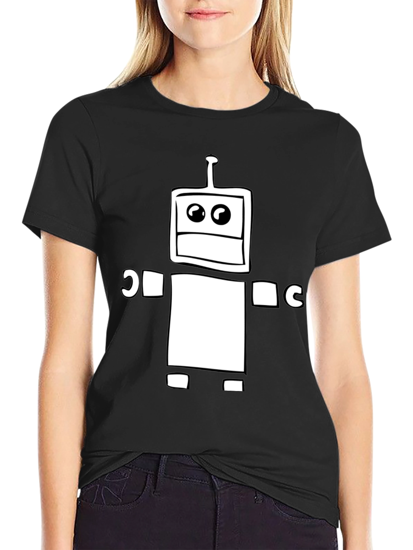 Robot Graphic Print Tee - Black Cotton Casual Shirt