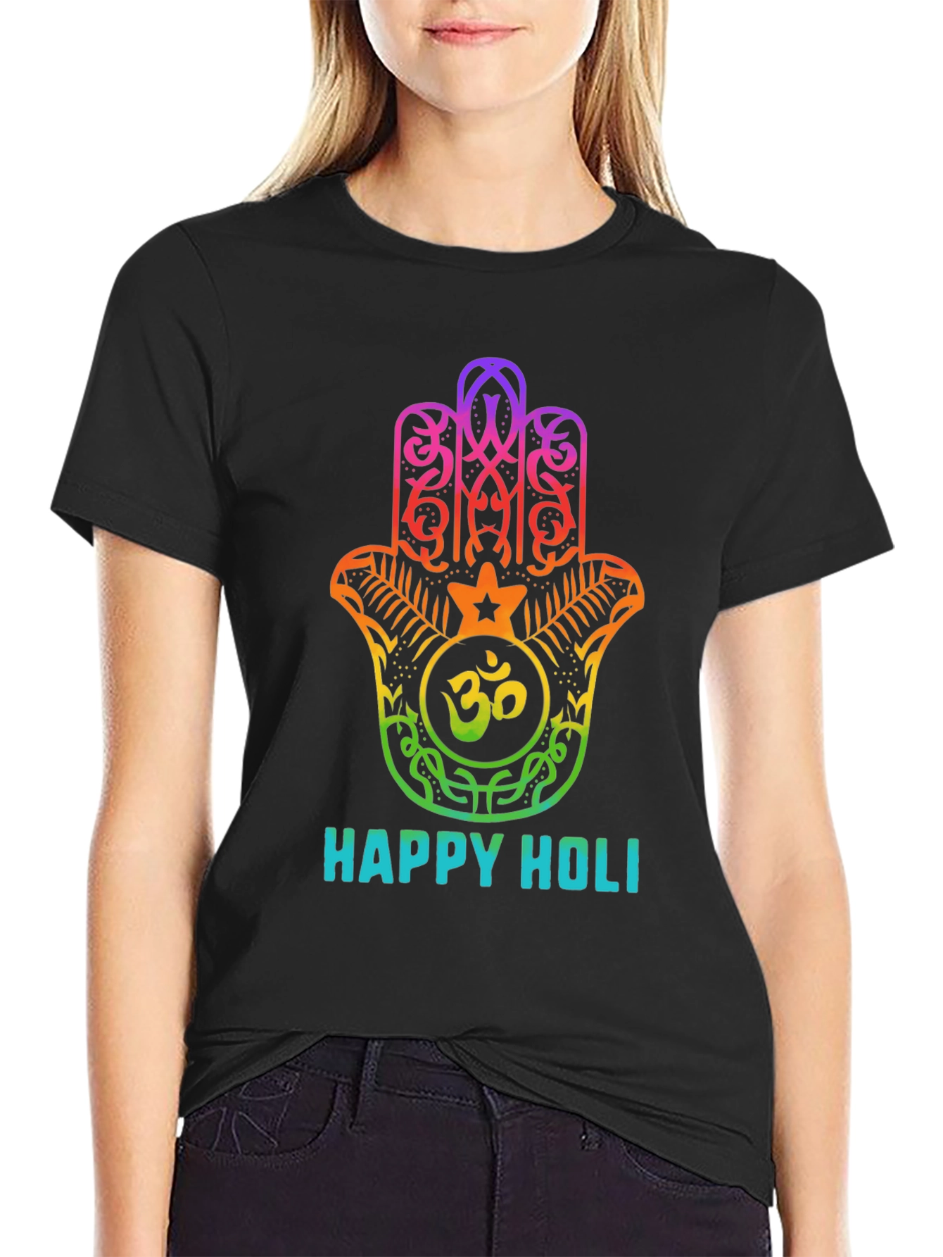 Happy Holi Rainbow Hamsa Hand Graphic T-Shirt