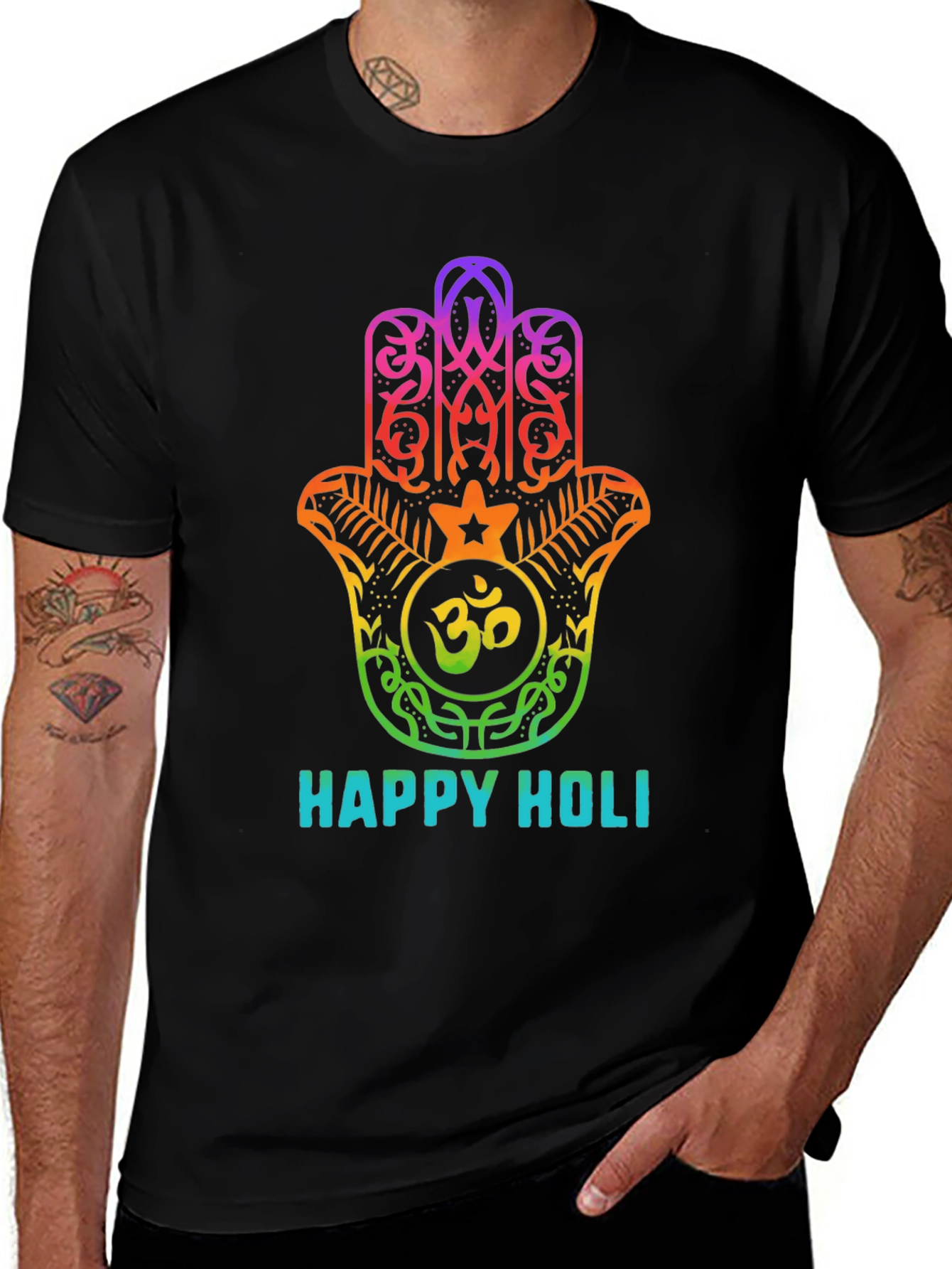Happy Holi Rainbow Hamsa Hand Graphic T-Shirt