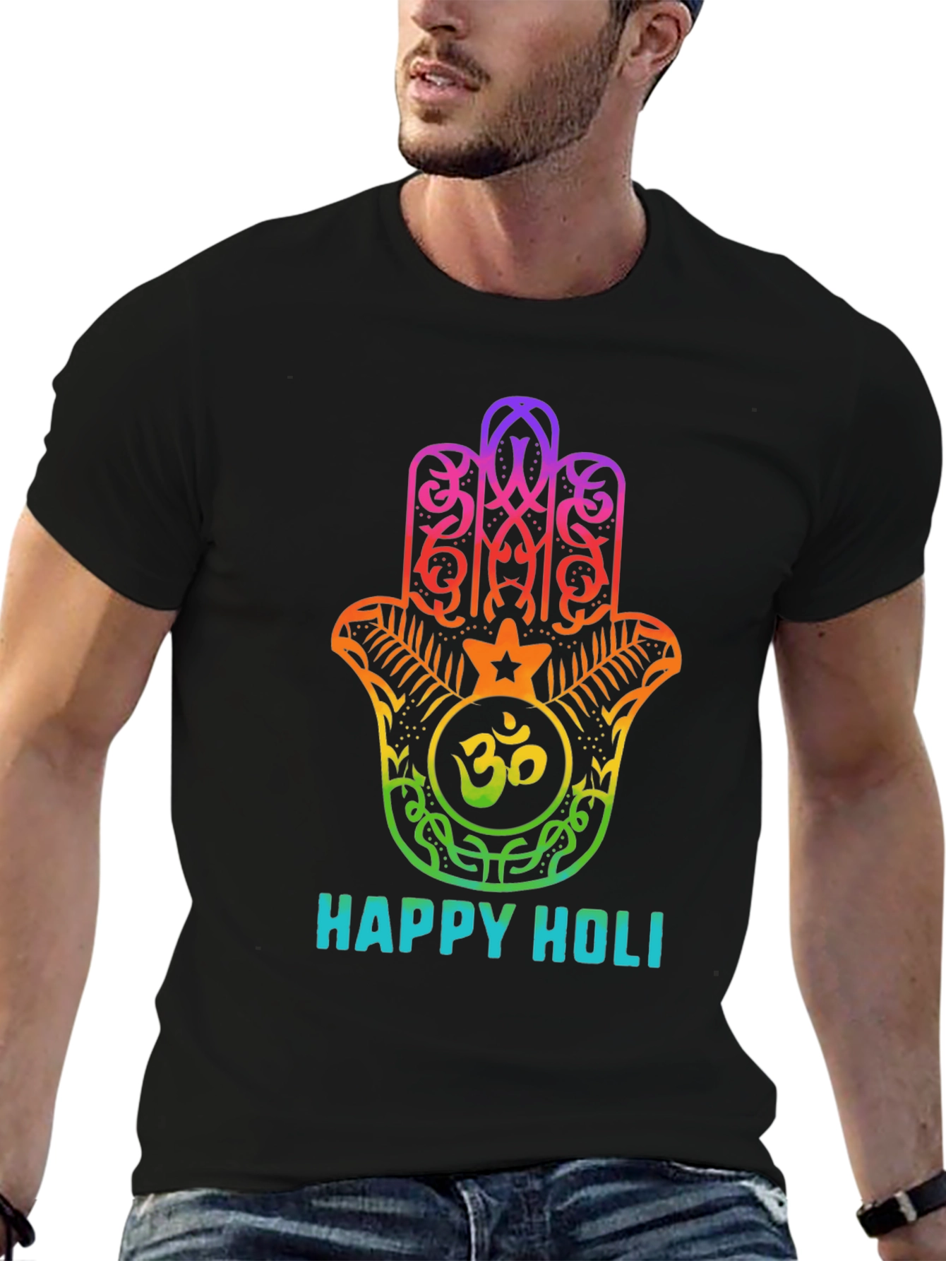 Happy Holi Rainbow Hamsa Hand Graphic T-Shirt