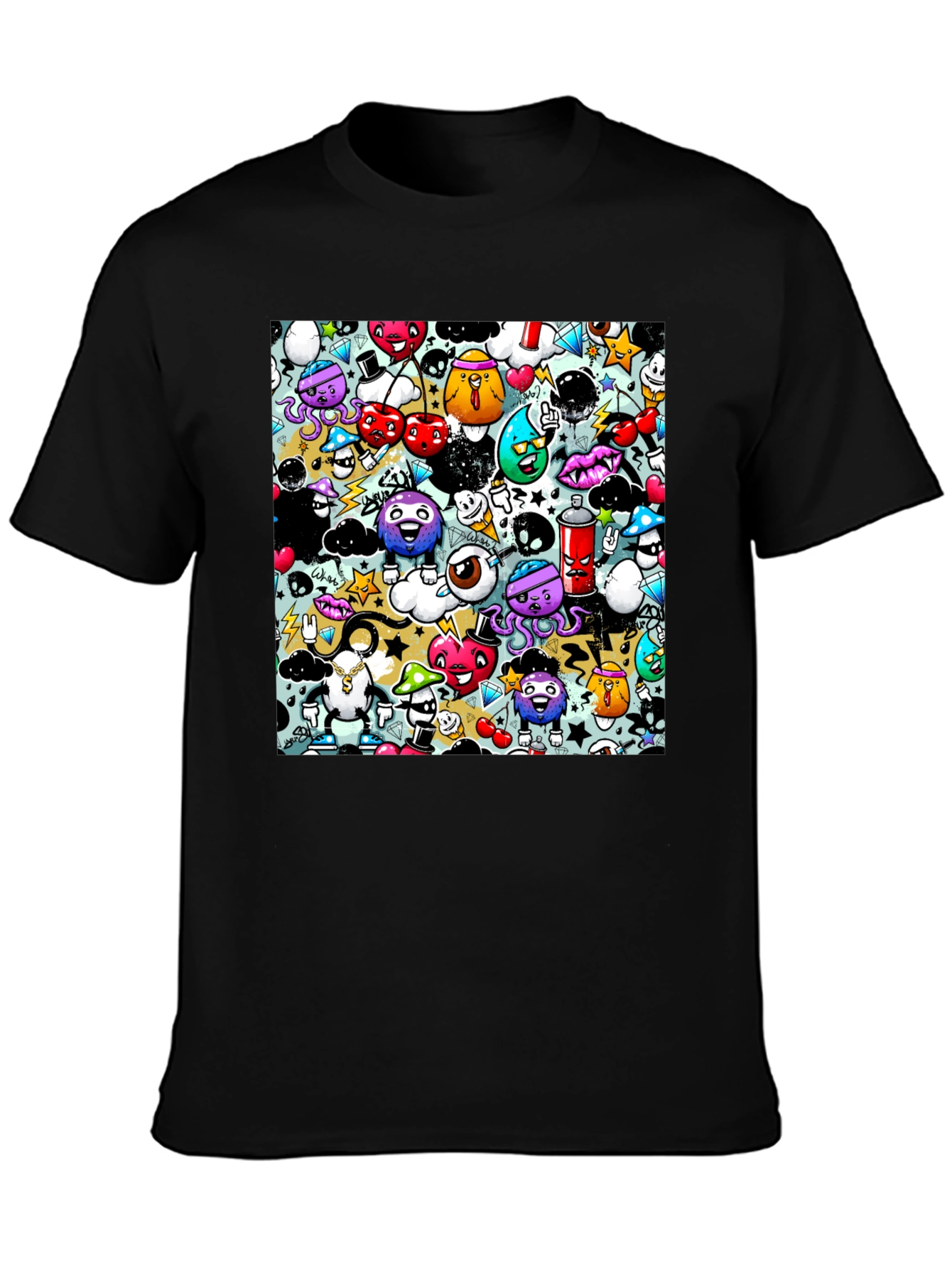 Graffiti Cartoon Character Print Black T-Shirt