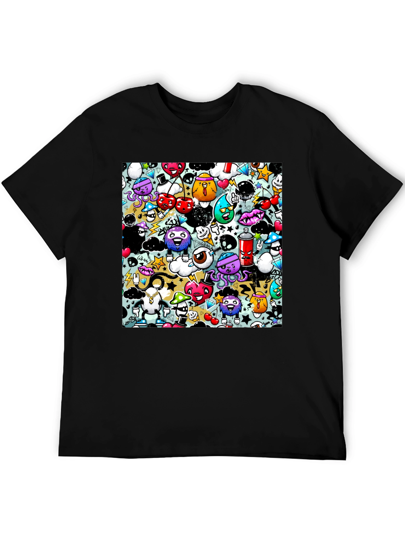 Graffiti Cartoon Character Print Black T-Shirt