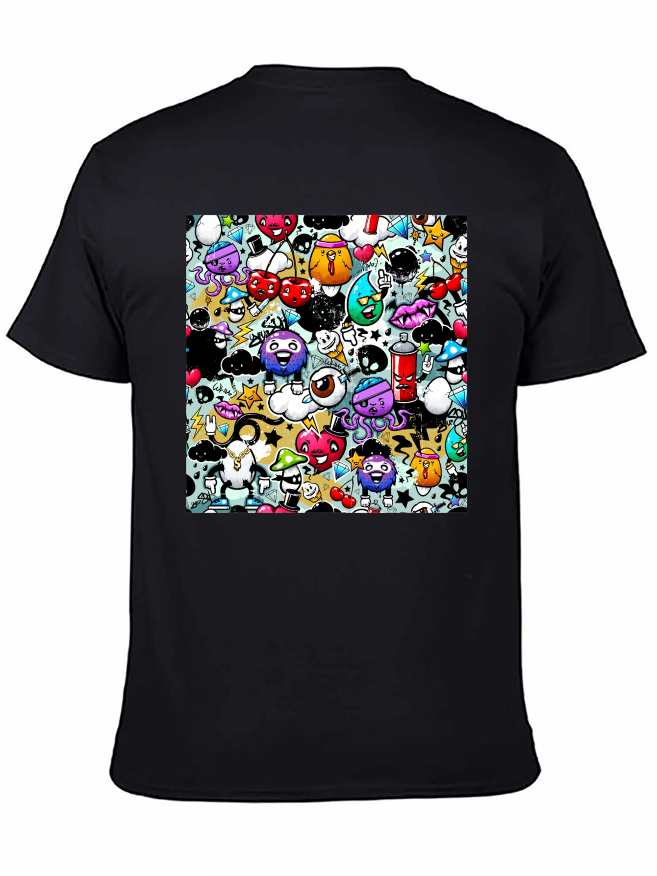 Graffiti Cartoon Character Print Black T-Shirt