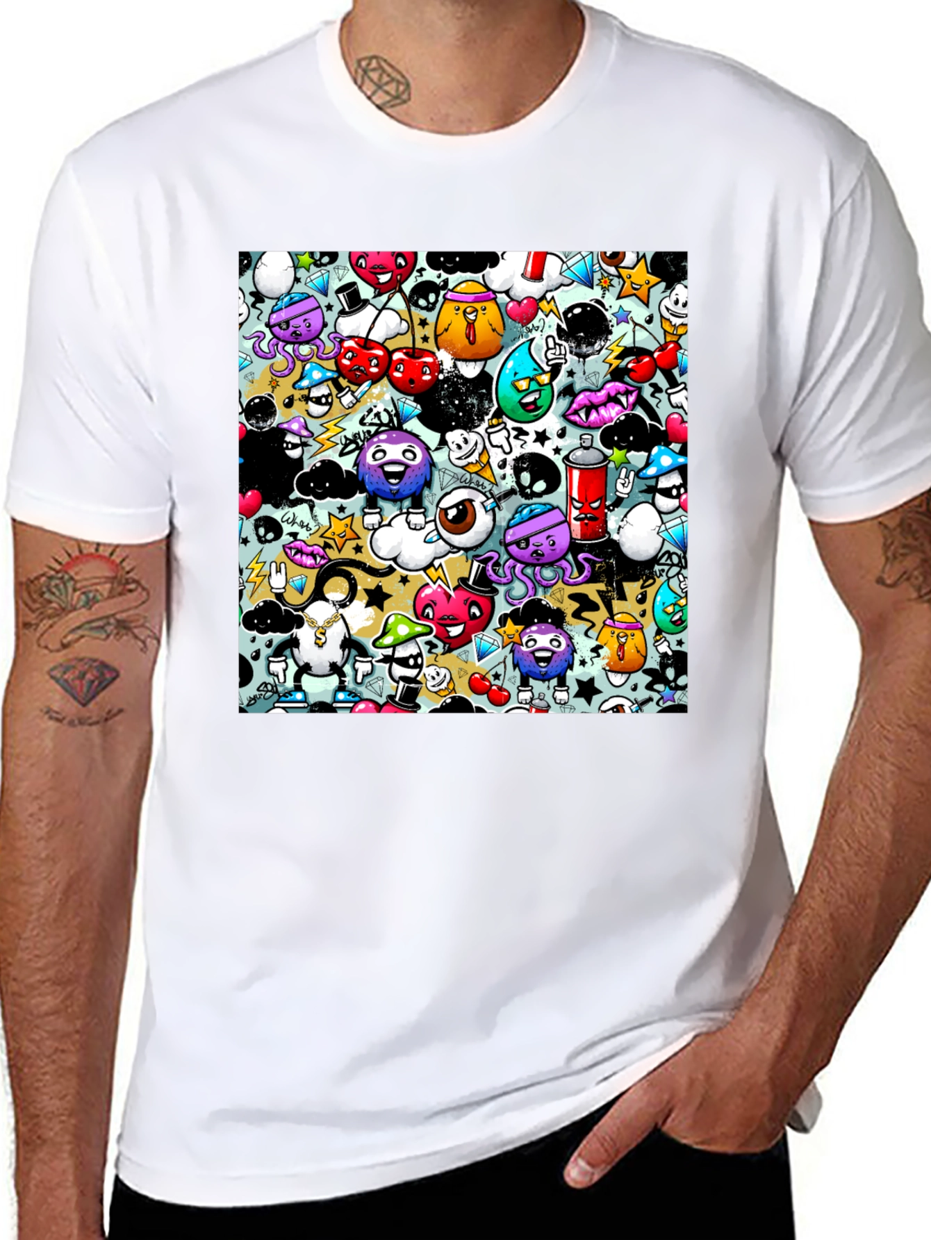Graffiti Cartoon Character Print Black T-Shirt
