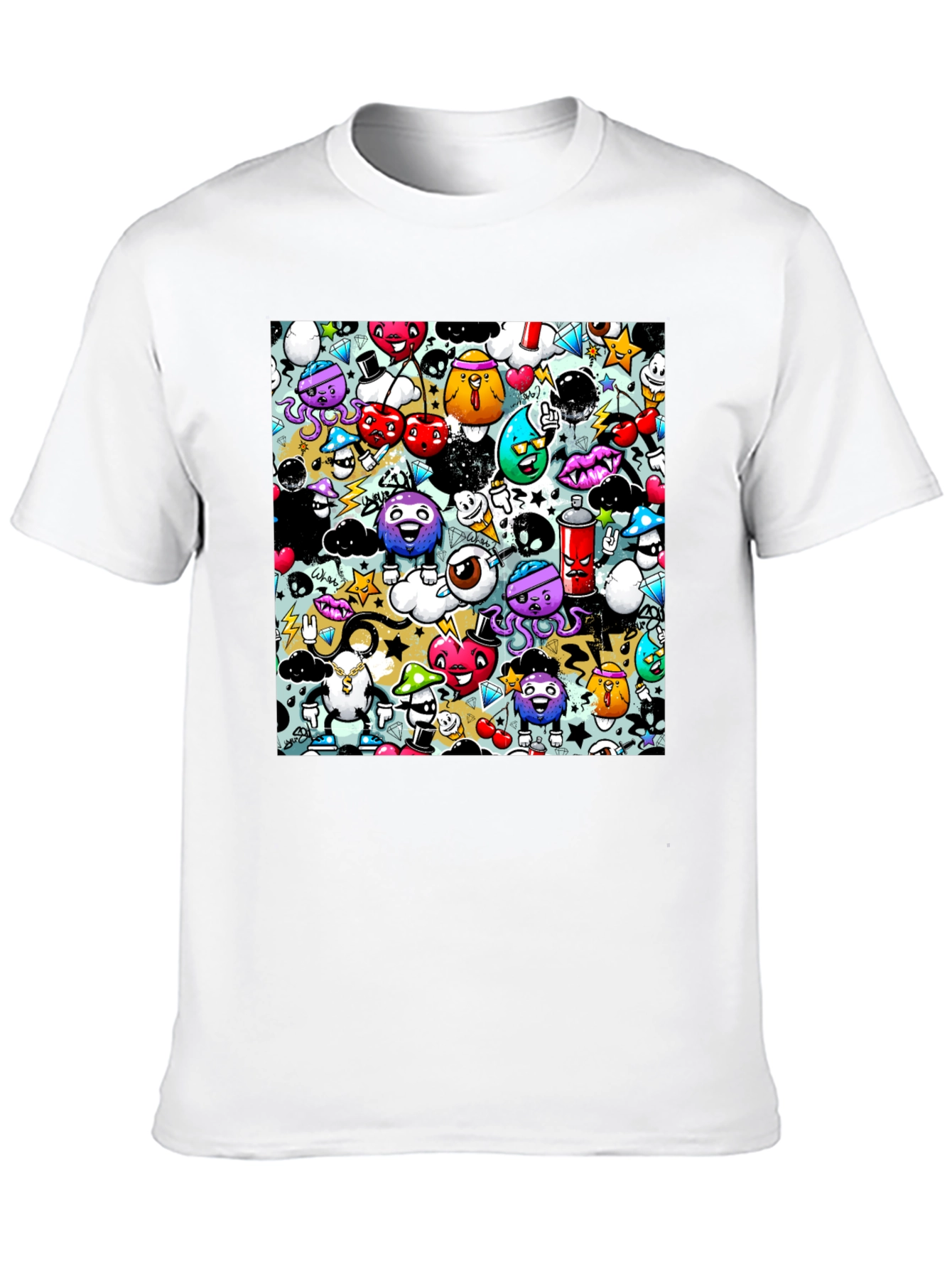 Graffiti Cartoon Character Print Black T-Shirt