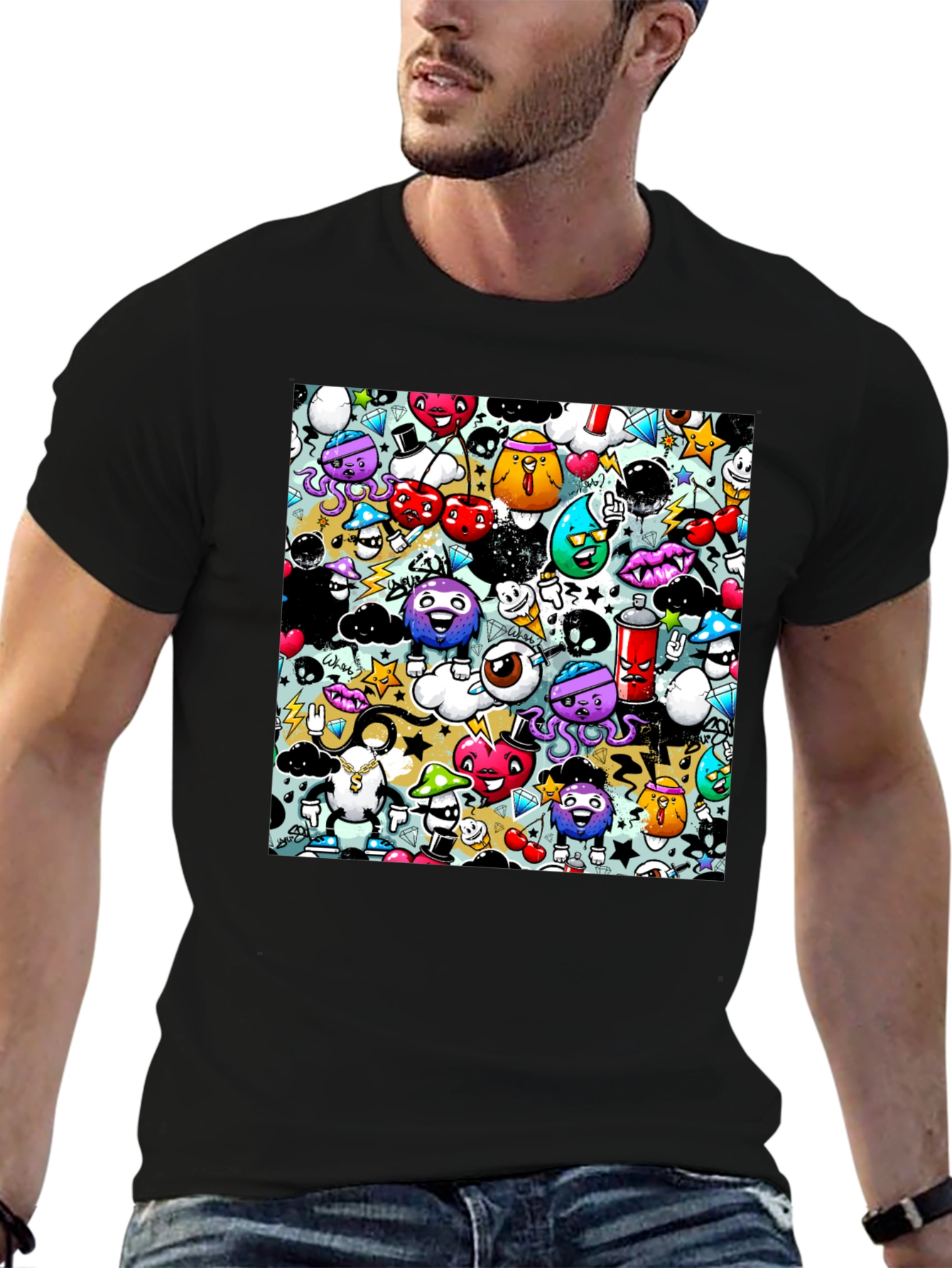 Graffiti Cartoon Character Print Black T-Shirt
