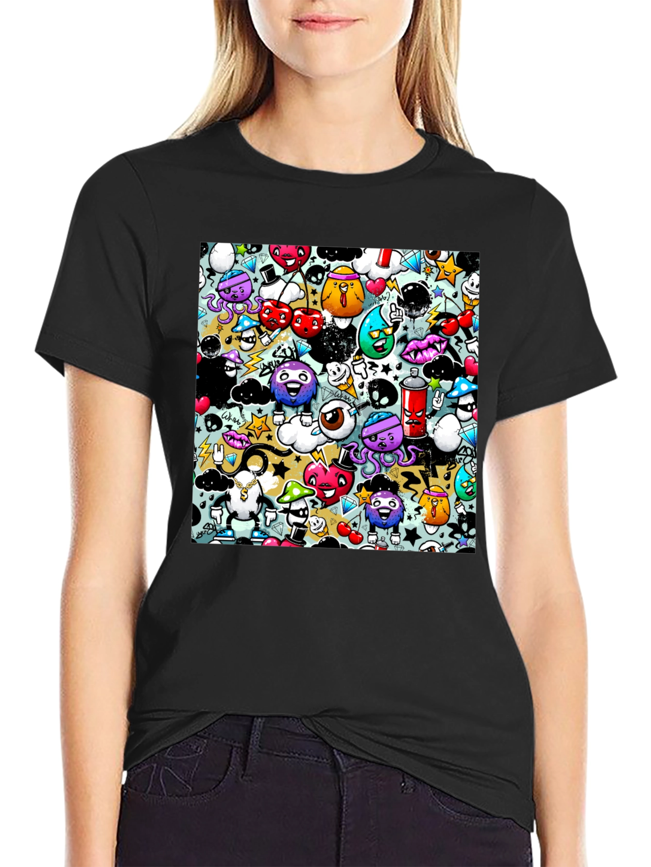 Graffiti Cartoon Character Print Black T-Shirt