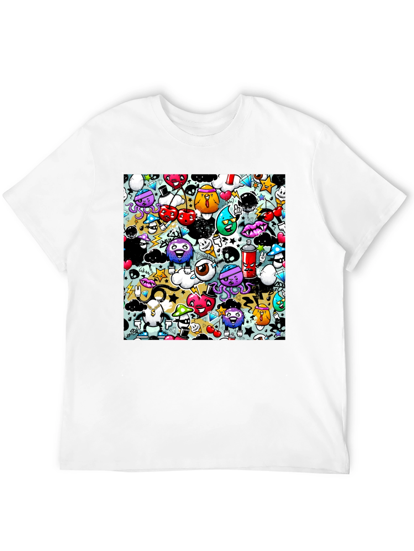 Graffiti Cartoon Character Print Black T-Shirt