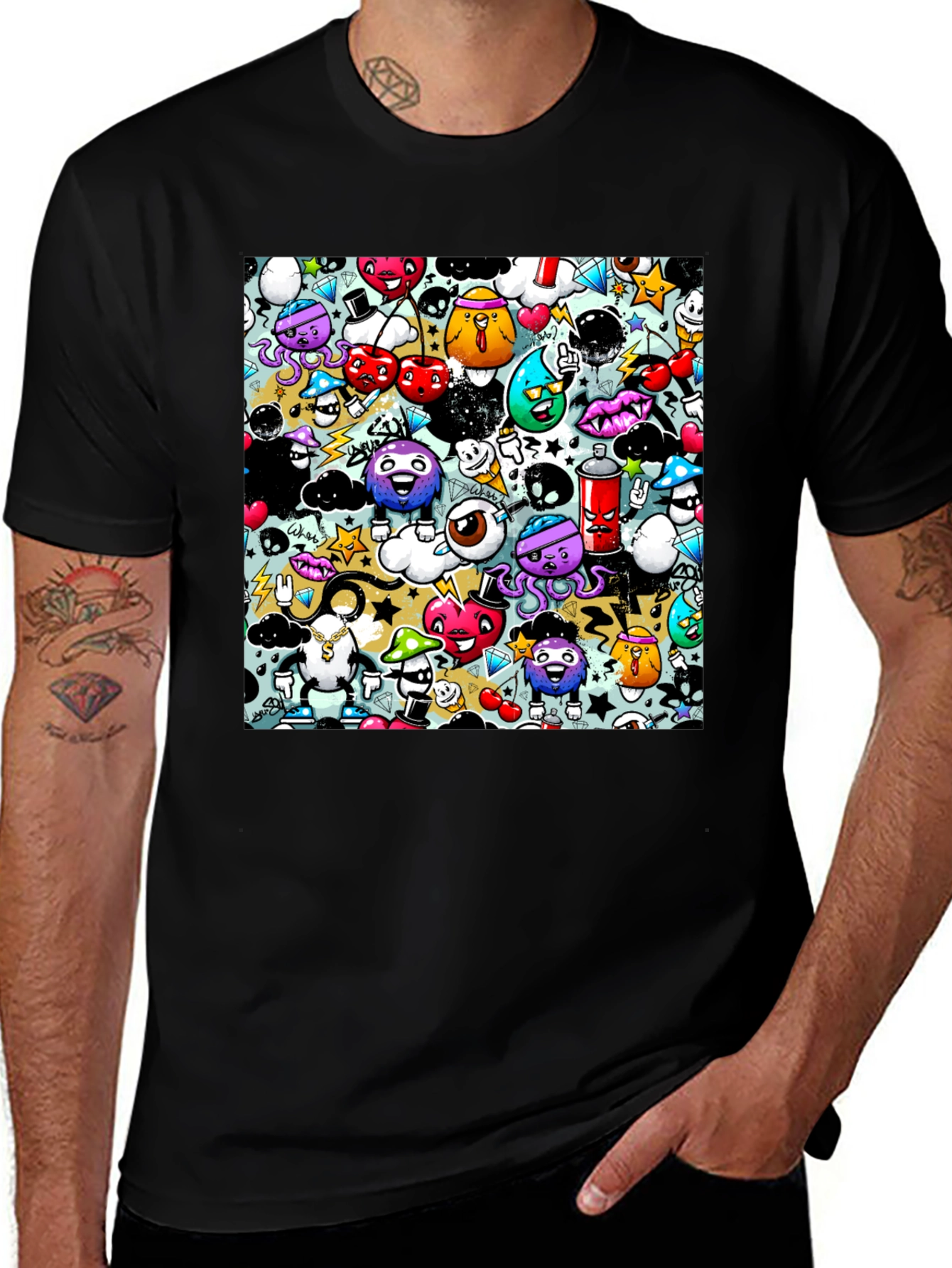 Graffiti Cartoon Character Print Black T-Shirt