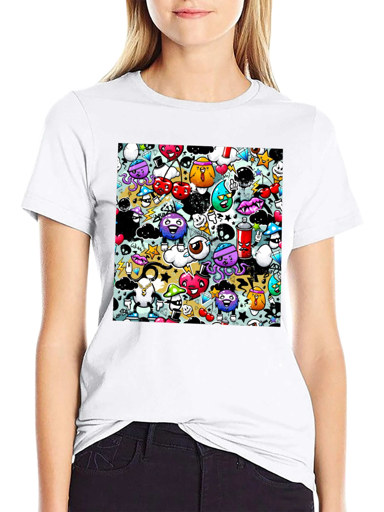 Graffiti Cartoon Character Print Black T-Shirt