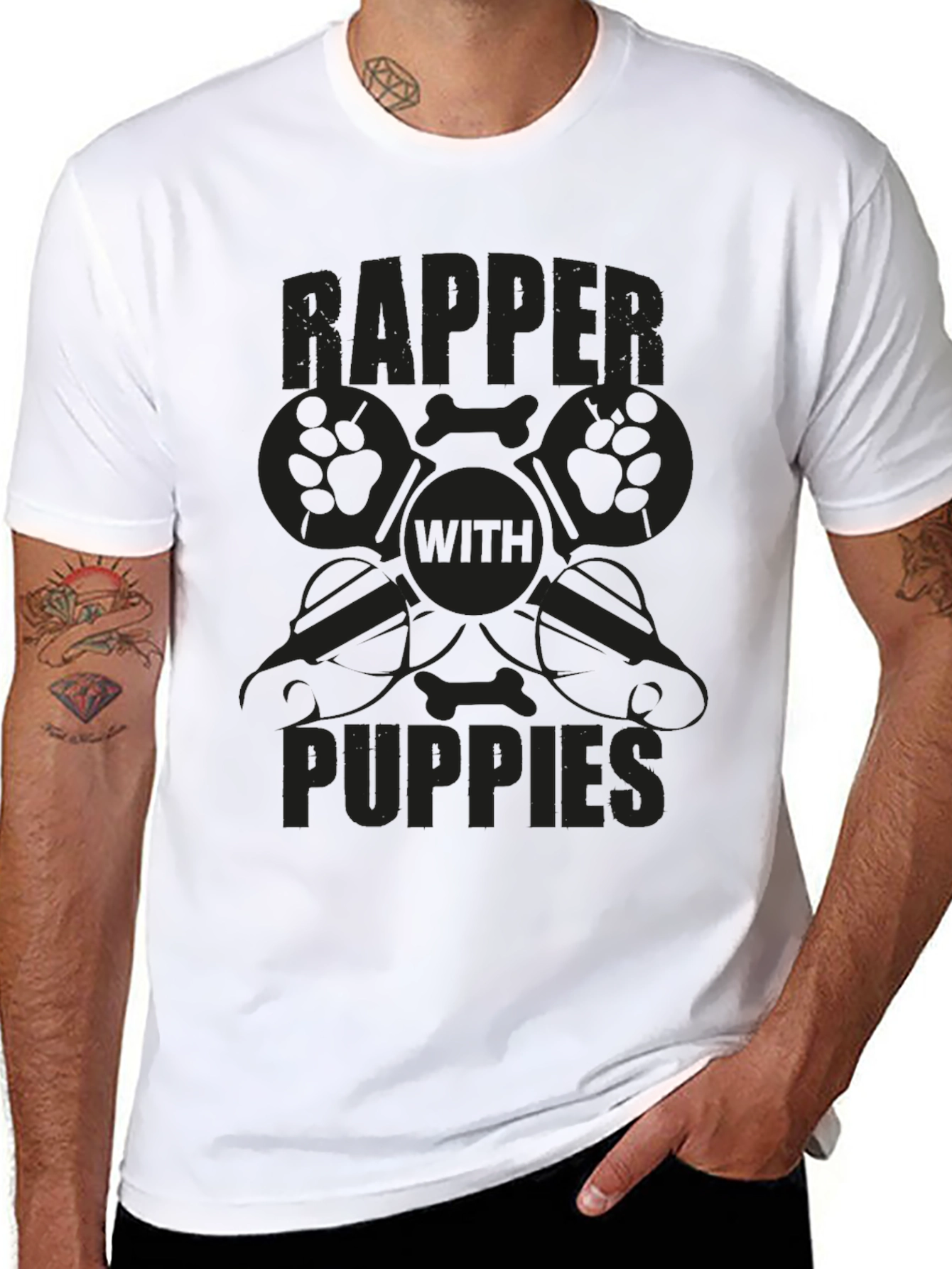 Rapper with Puppies Black Graphic T-Shirt