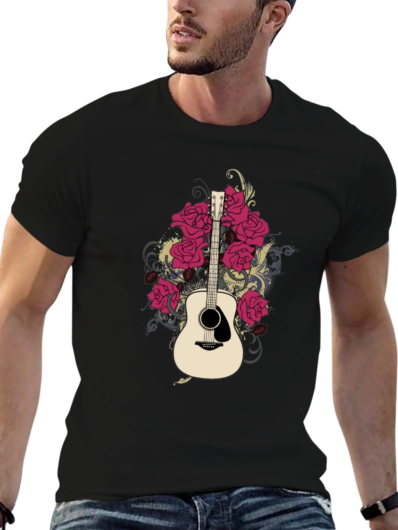 Guitar & Roses Graphic Black T-Shirt