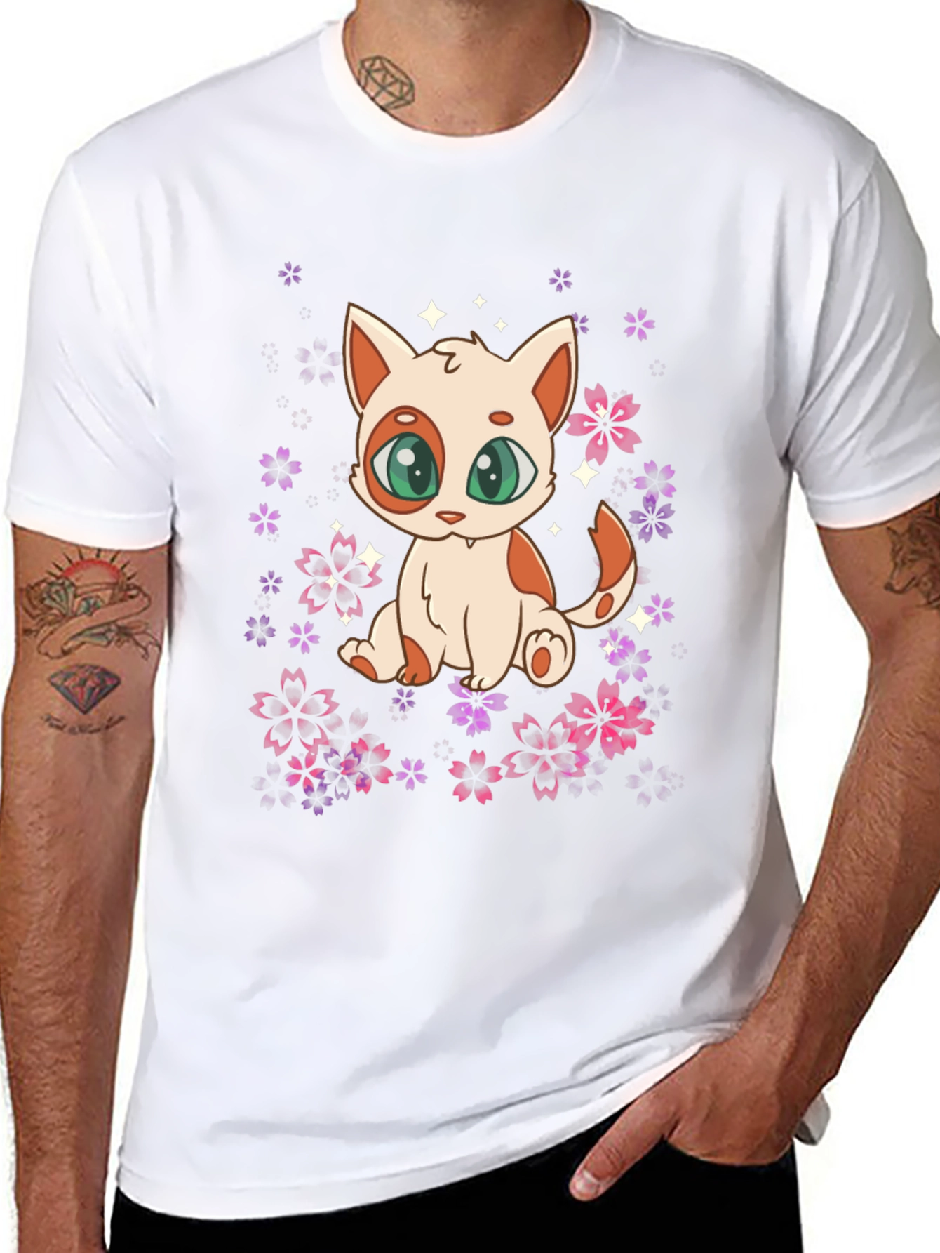 Cute Anime Cat Floral T-Shirt
