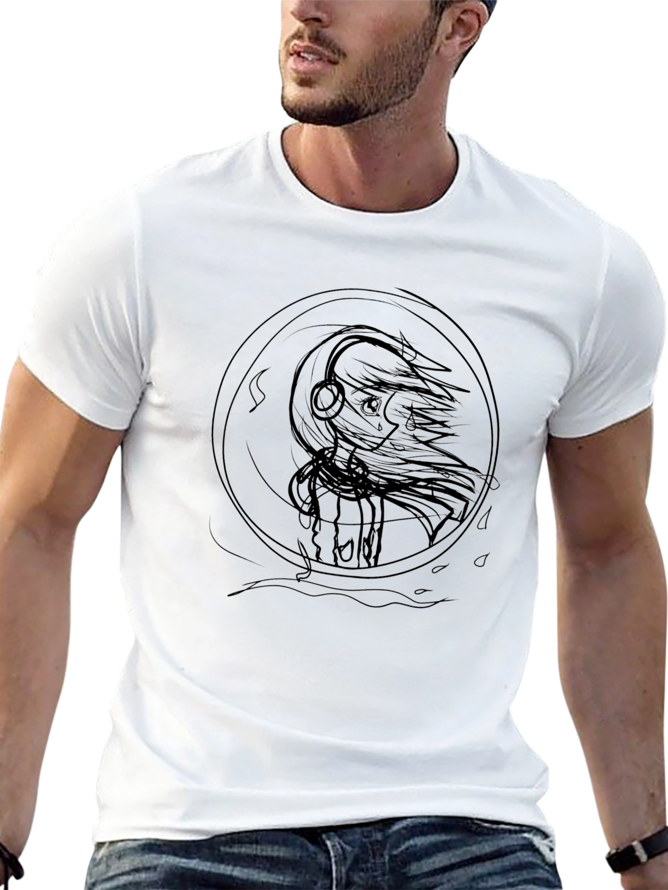 Anime Girl Headphones Black Graphic Tee