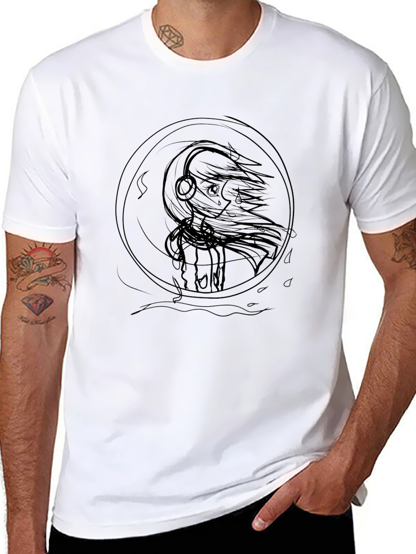 Anime Girl Headphones Black Graphic Tee