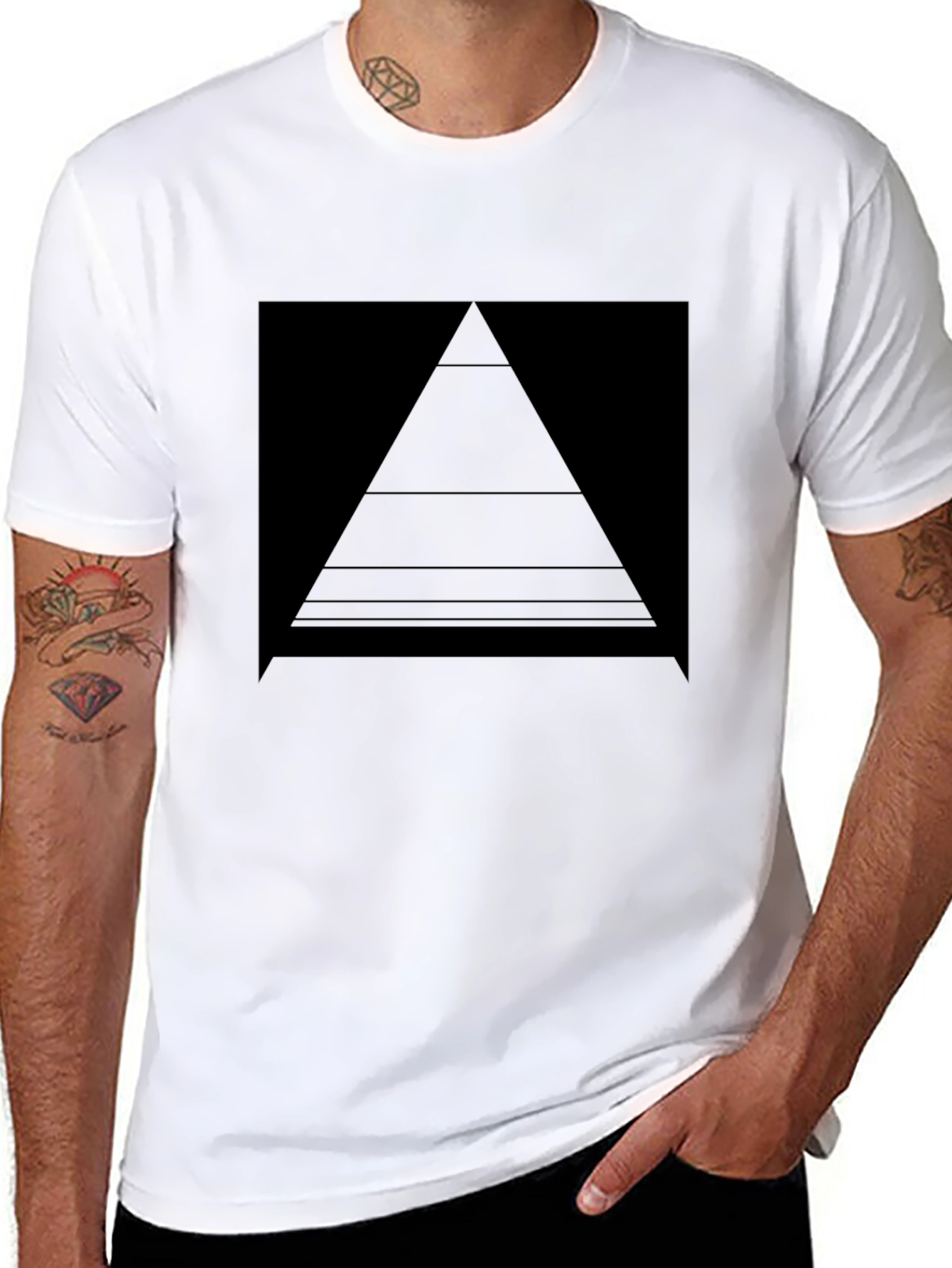 Modern Geometric Pyramid Graphic Tee - Black