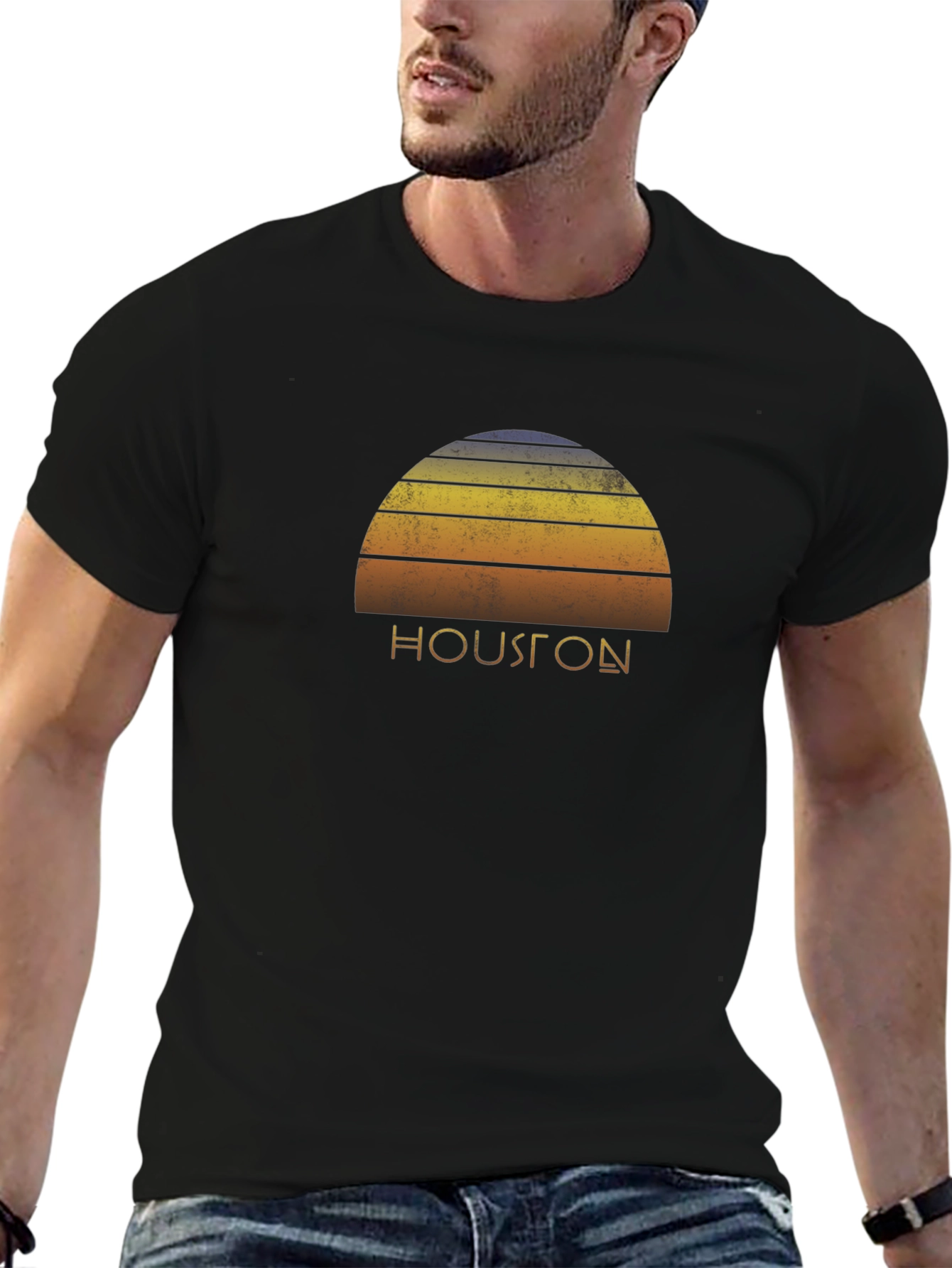 Retro Houston Sunset Graphic T-Shirt - Black