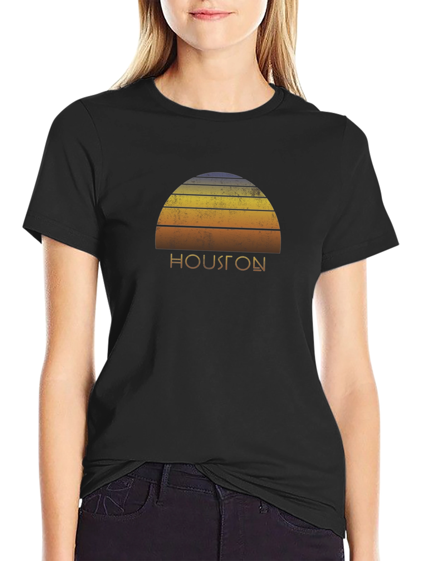 Retro Houston Sunset Graphic T-Shirt - Black