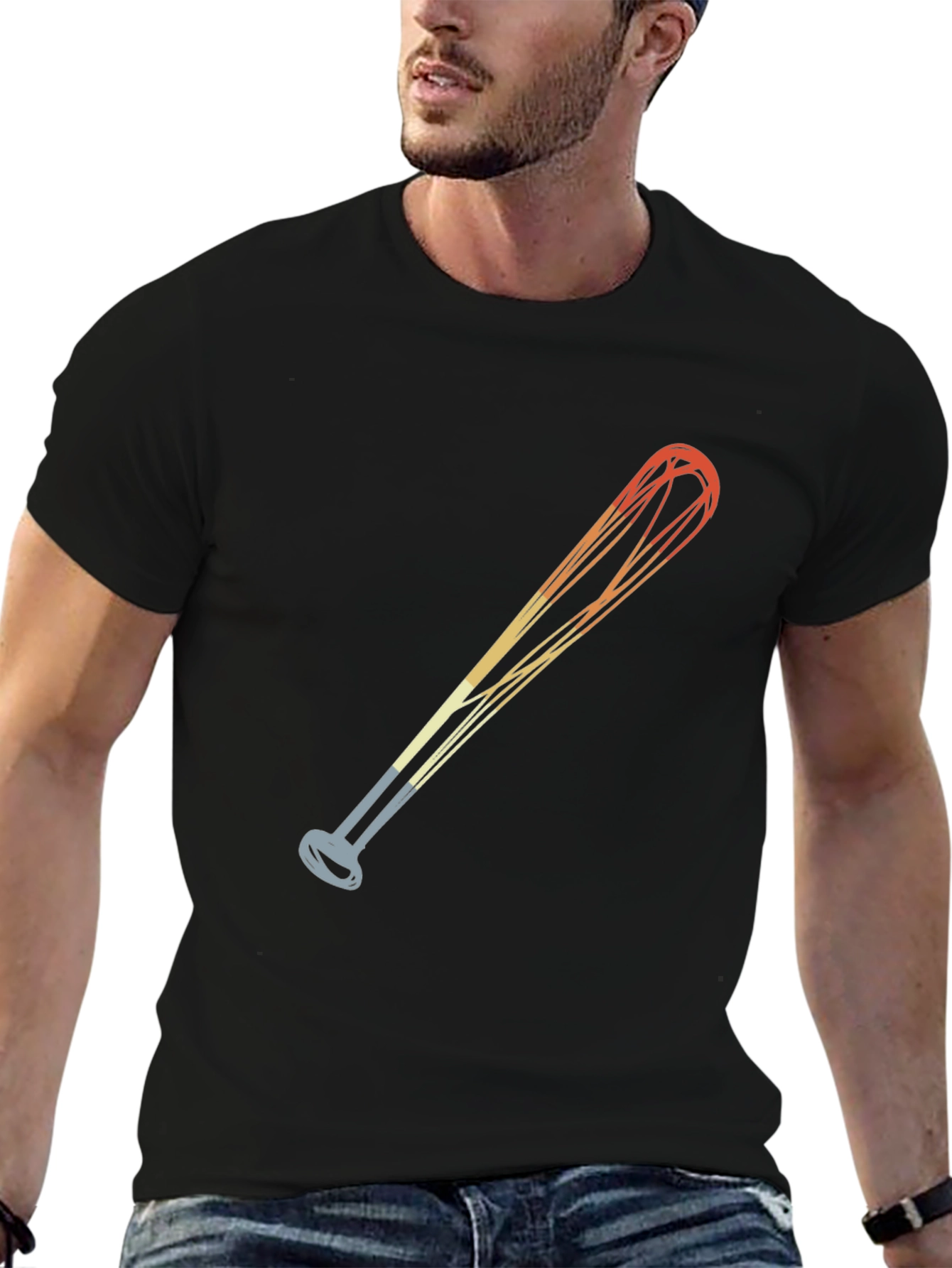 Retro Baseball Bat Graphic Tee - Black Cotton Blend