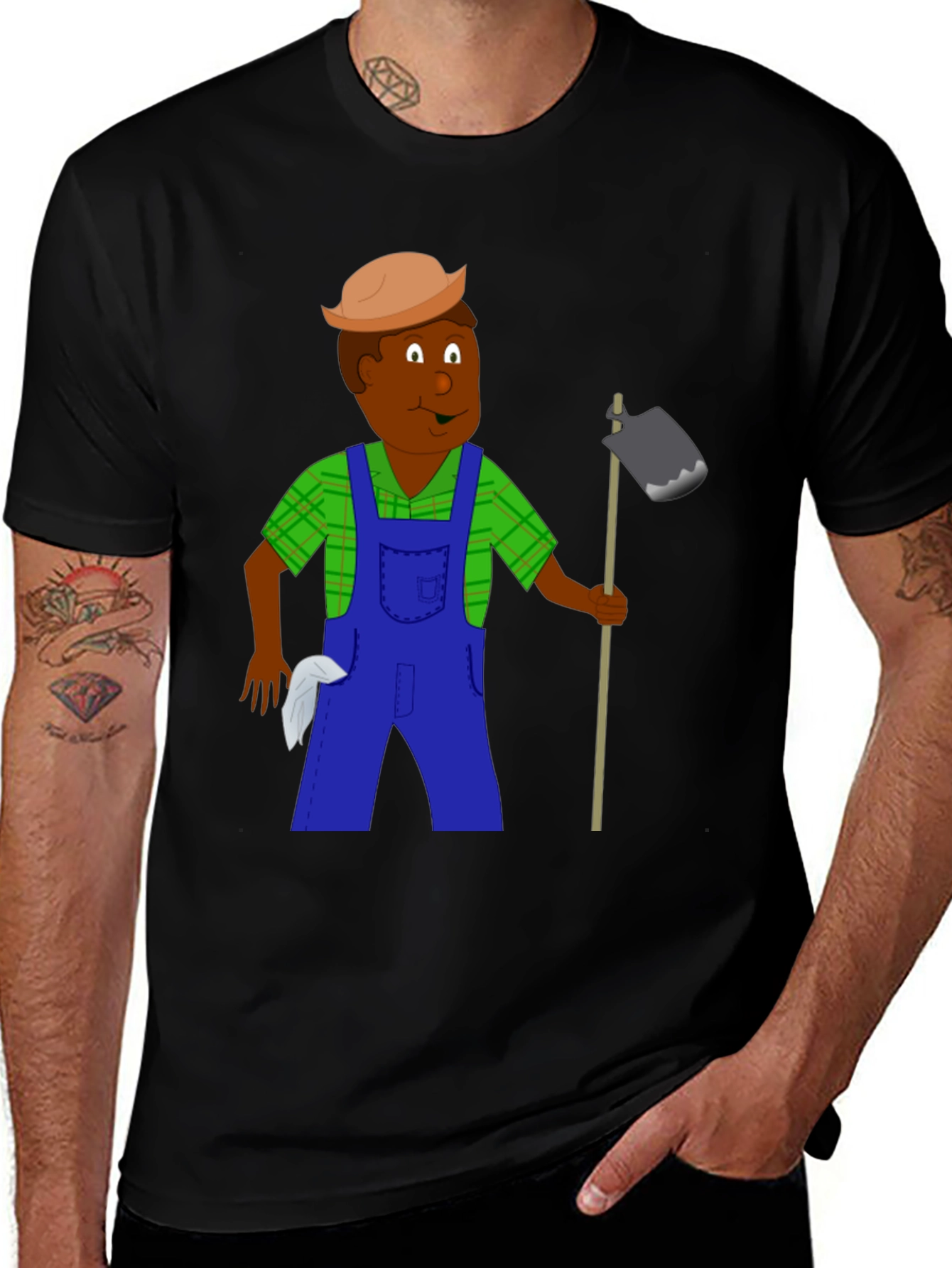 Cartoon Farmer Graphic Tee - Black Unisex T-Shirt