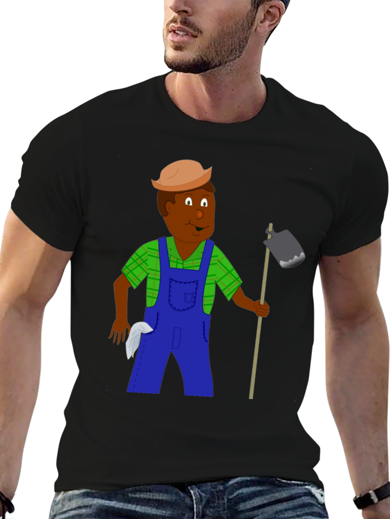 Cartoon Farmer Graphic Tee - Black Unisex T-Shirt