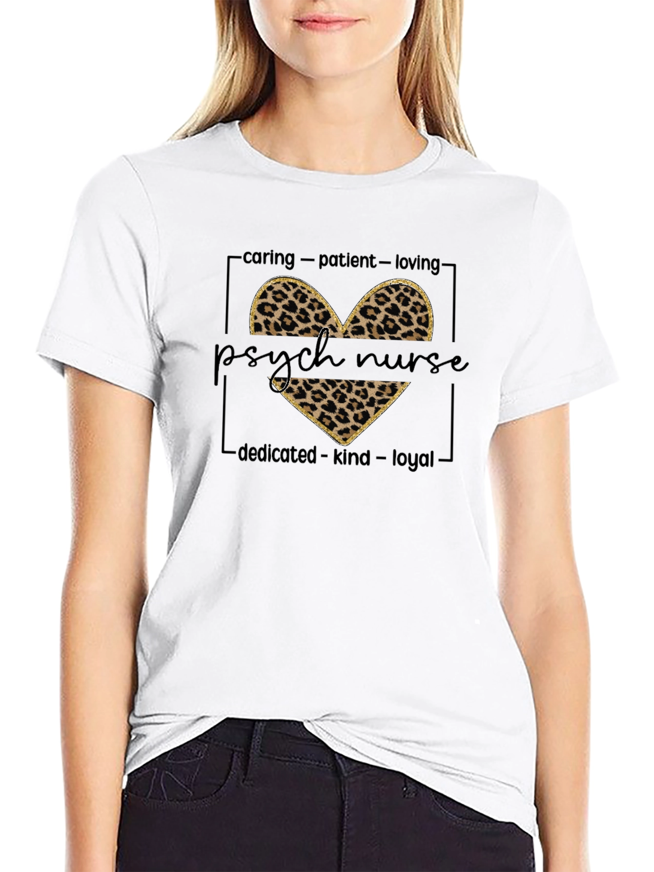 Psych Nurse Leopard Heart Tee - Caring Kind Loyal