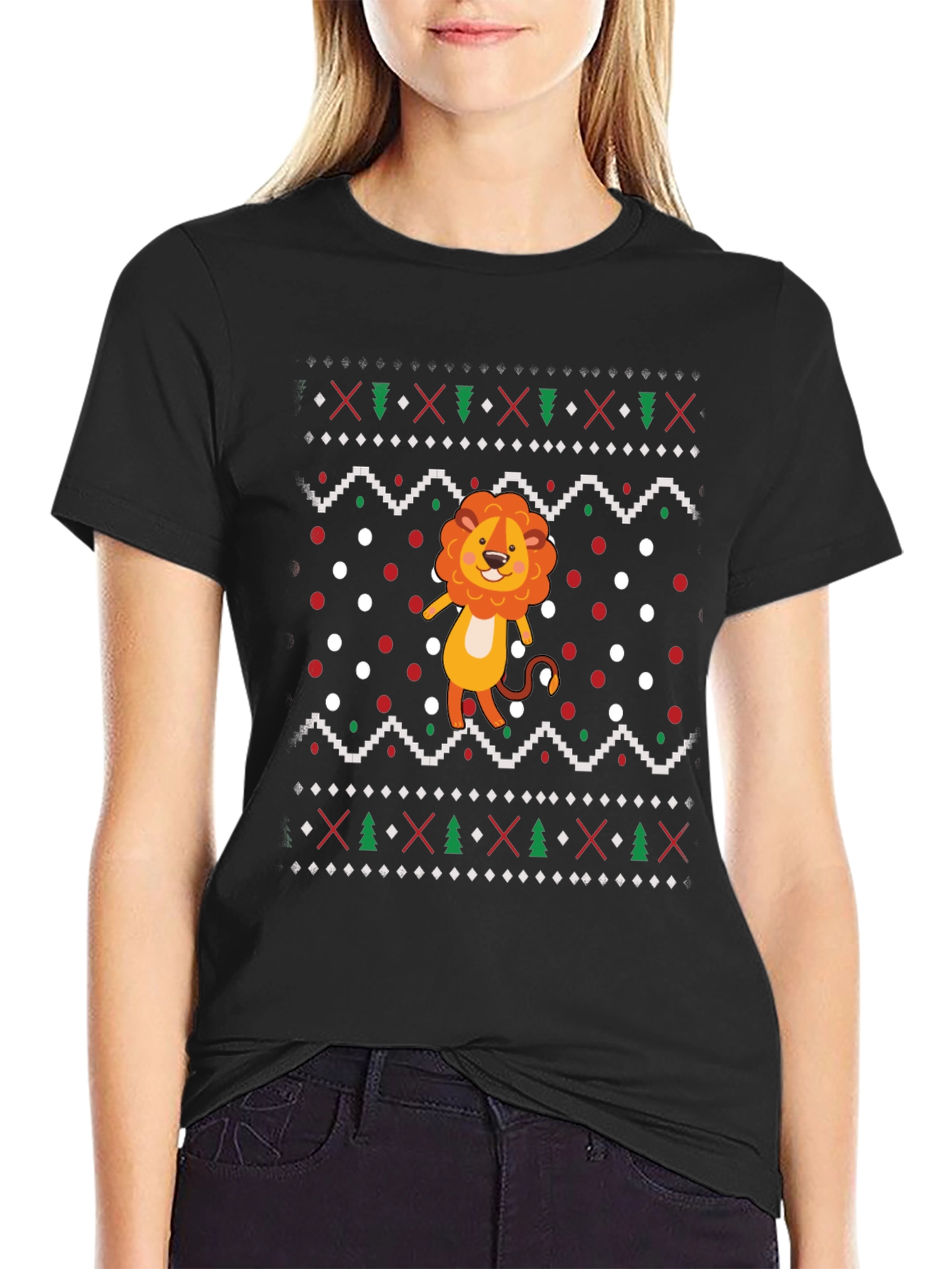 Lion Ugly Christmas Sweater Style Black T-Shirt