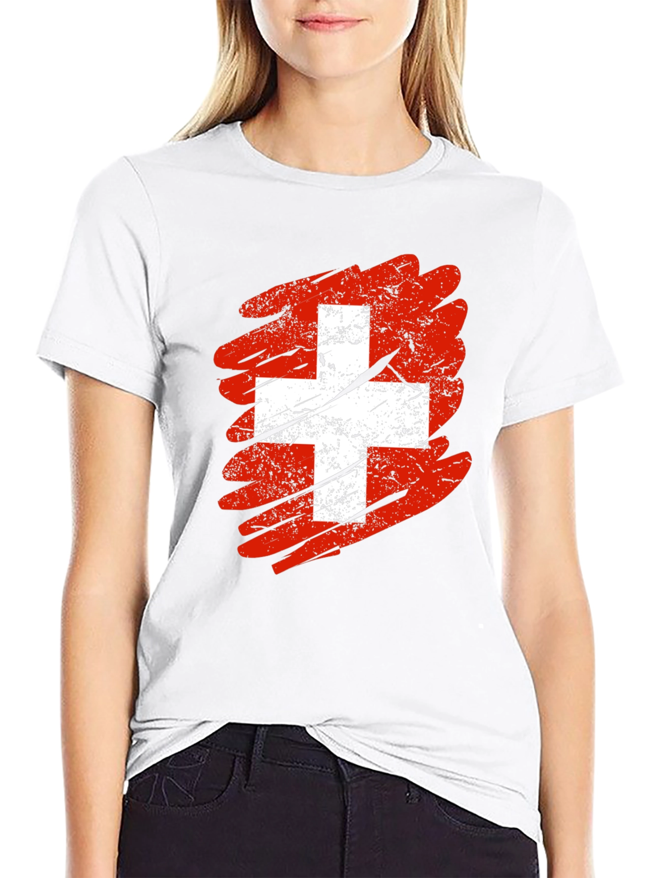 Distressed Swiss Flag Graphic Tee - Mens Black T-Shirt