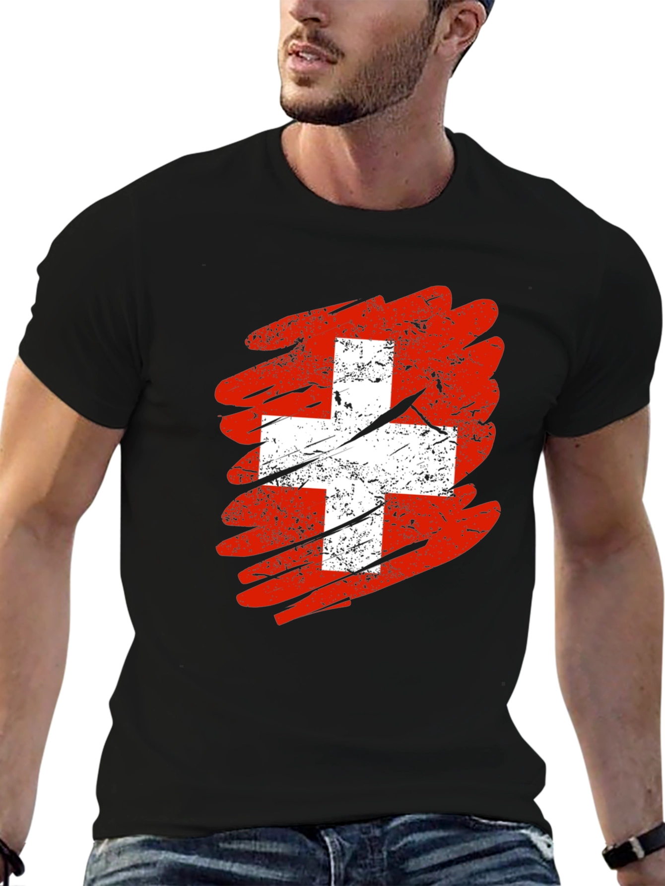 Distressed Swiss Flag Graphic Tee - Mens Black T-Shirt