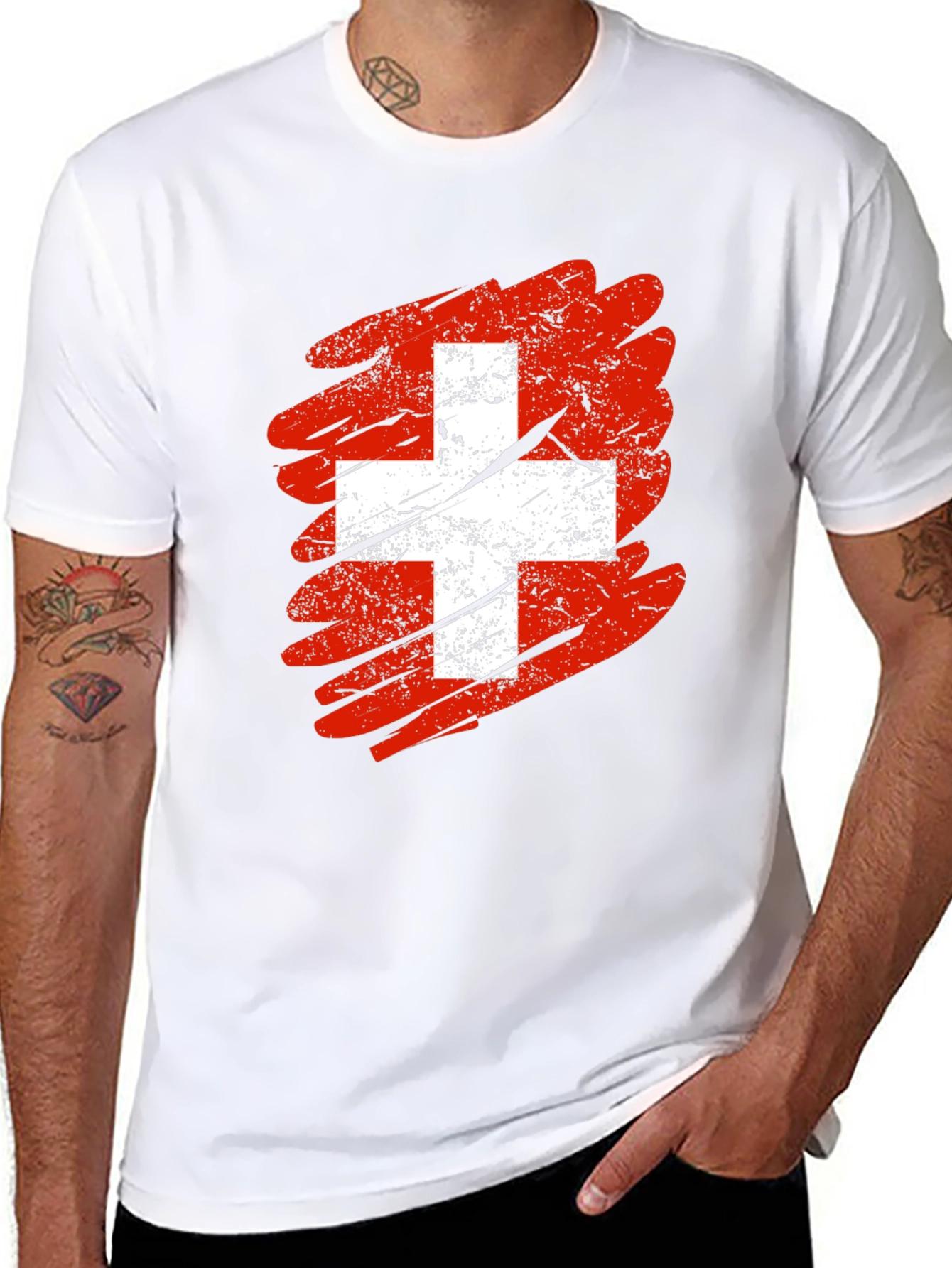 Distressed Swiss Flag Graphic Tee - Mens Black T-Shirt