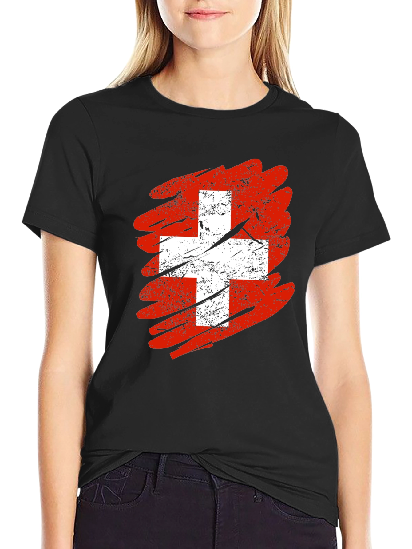 Distressed Swiss Flag Graphic Tee - Mens Black T-Shirt