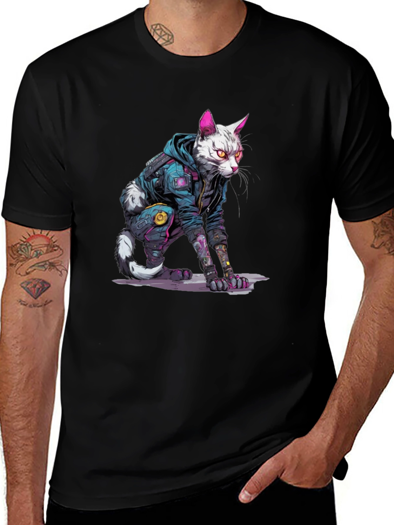 Cyberpunk Cat Graphic Tee - Cool Streetwear Style