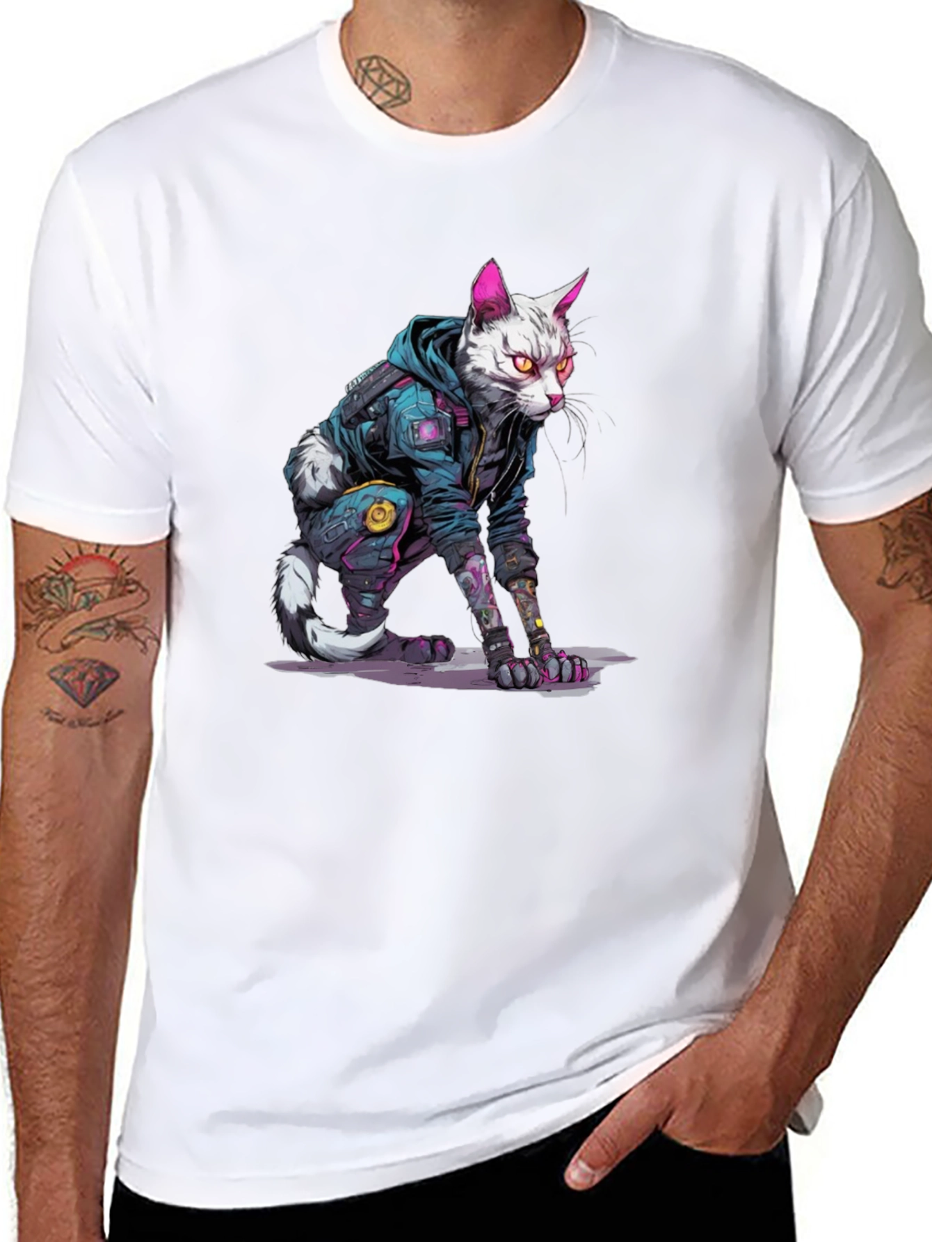 Cyberpunk Cat Graphic Tee - Cool Streetwear Style