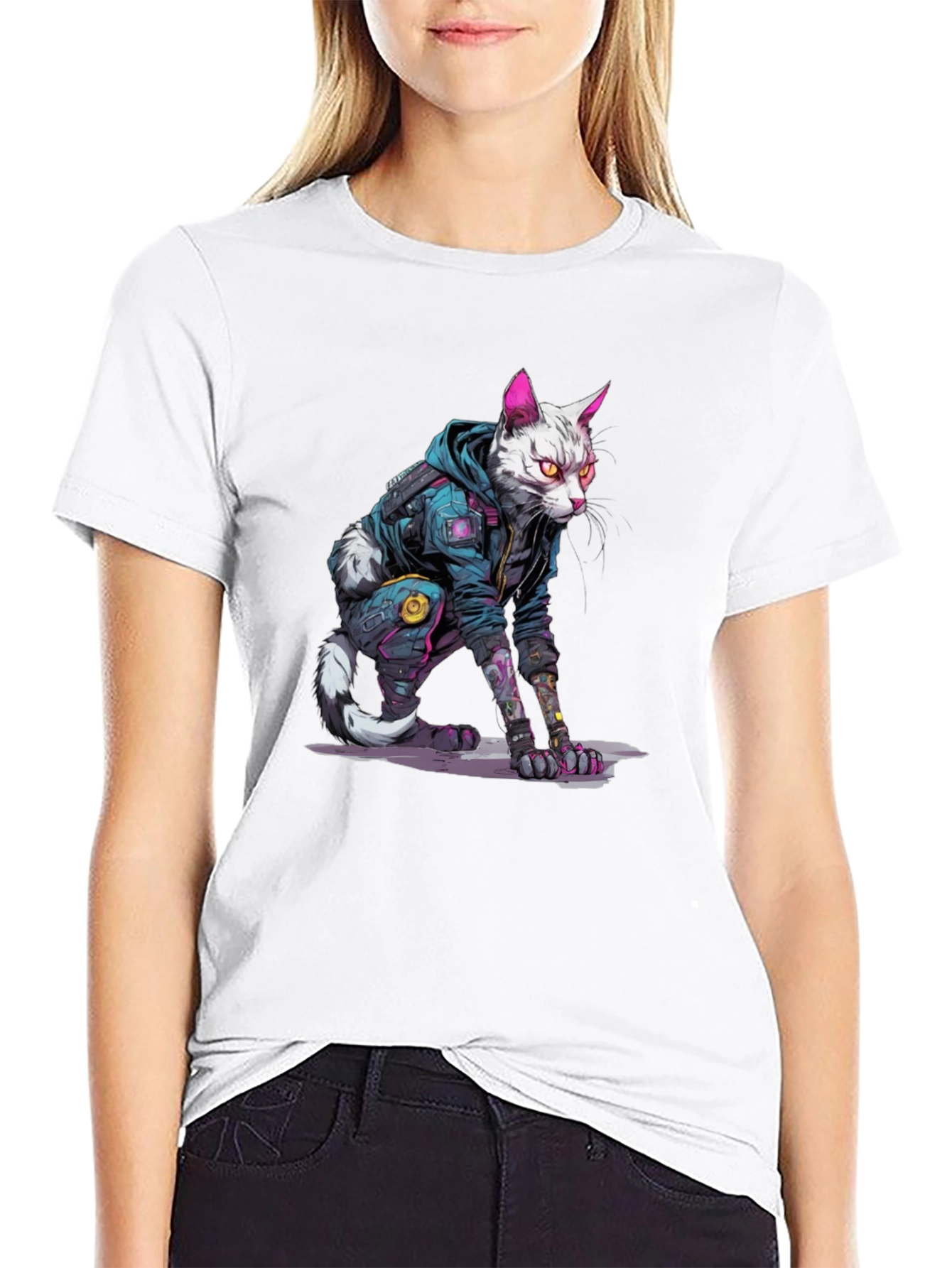Cyberpunk Cat Graphic Tee - Cool Streetwear Style