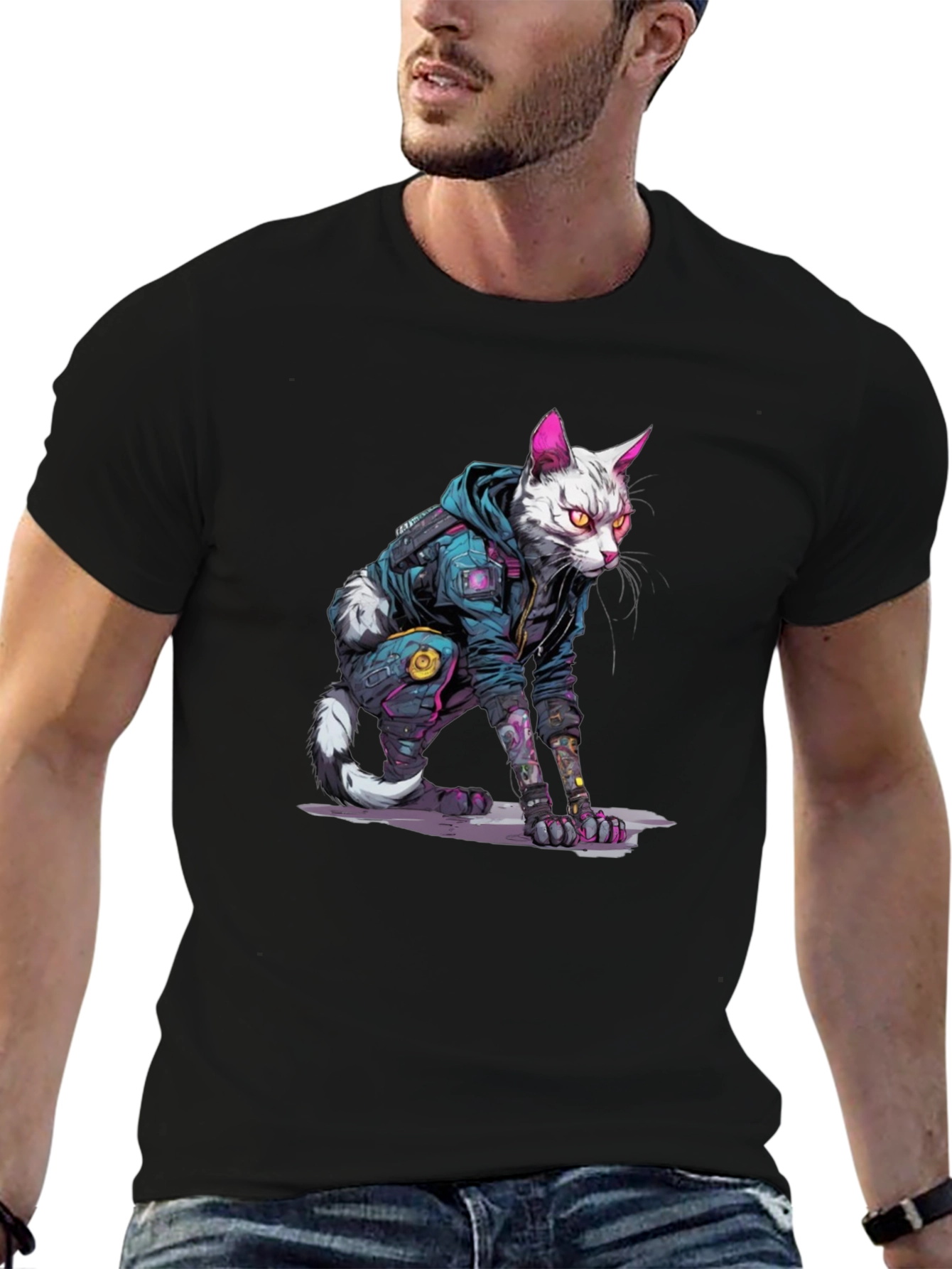 Cyberpunk Cat Graphic Tee - Cool Streetwear Style