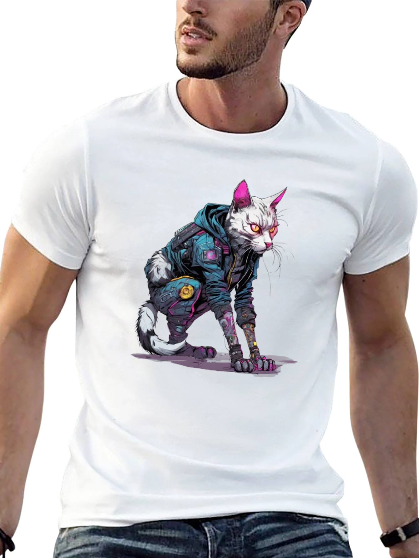 Cyberpunk Cat Graphic Tee - Cool Streetwear Style