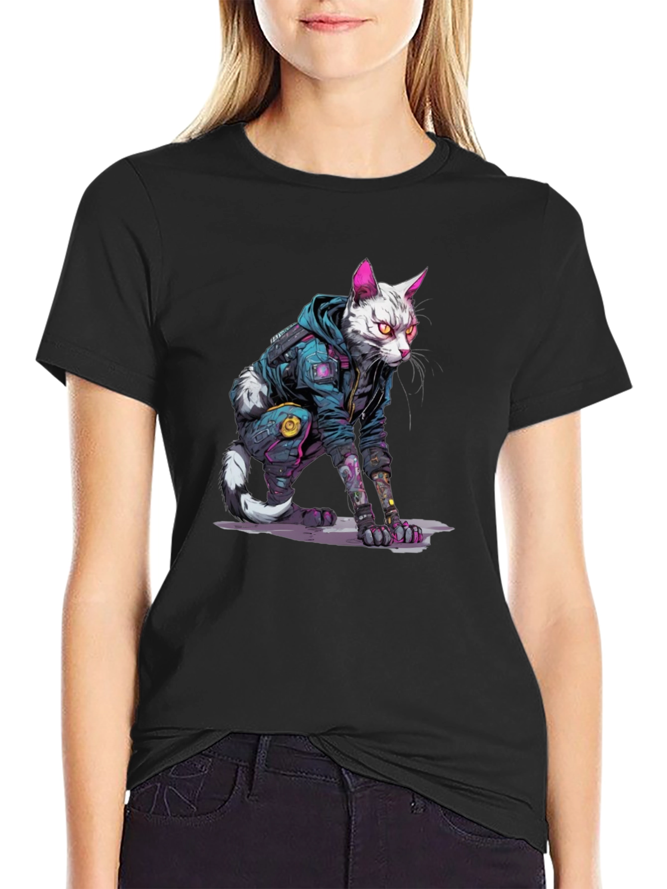 Cyberpunk Cat Graphic Tee - Cool Streetwear Style