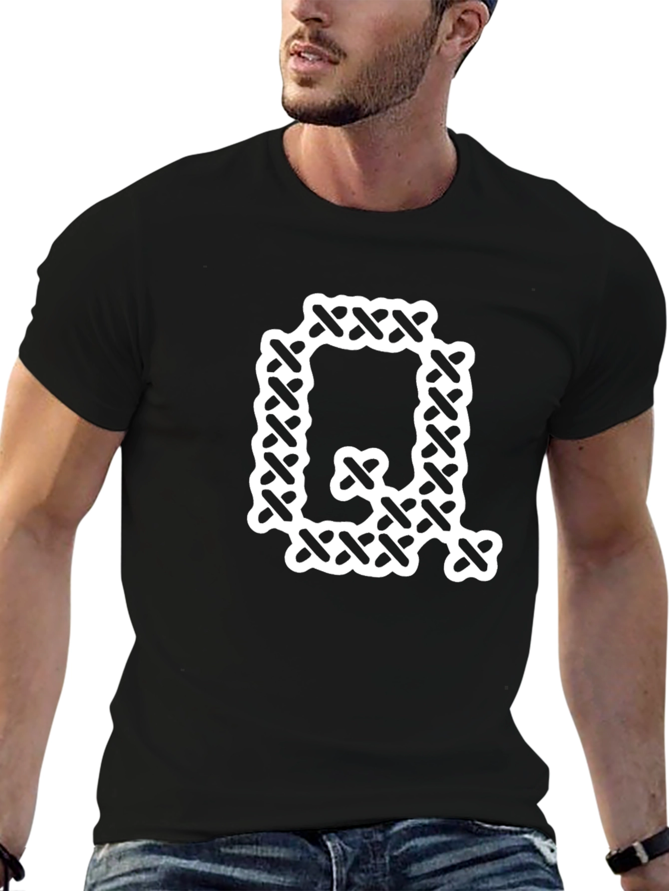 Letter Q Cross Stitch Graphic Tee - Black