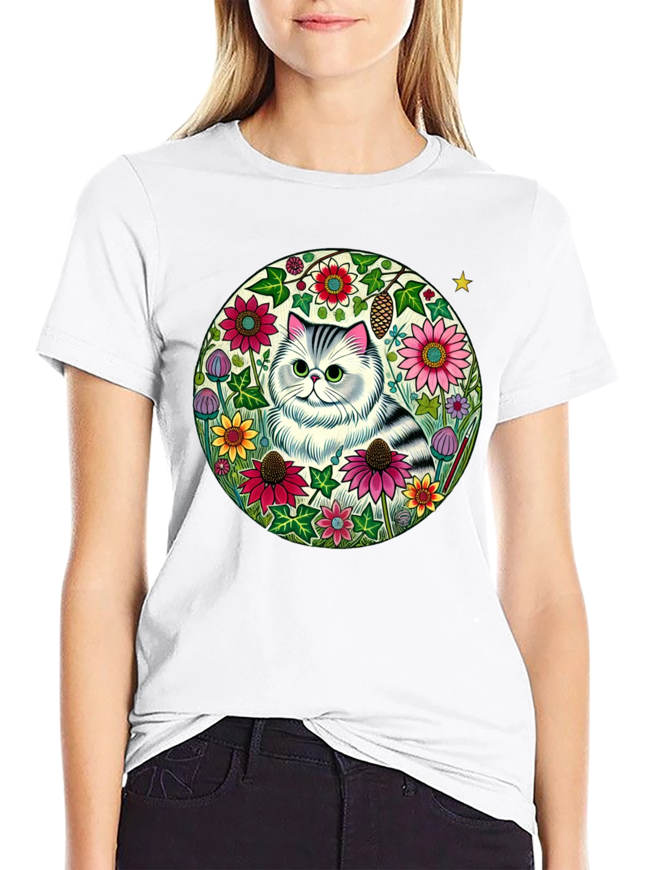 Floral Cat Graphic Tee - Black
