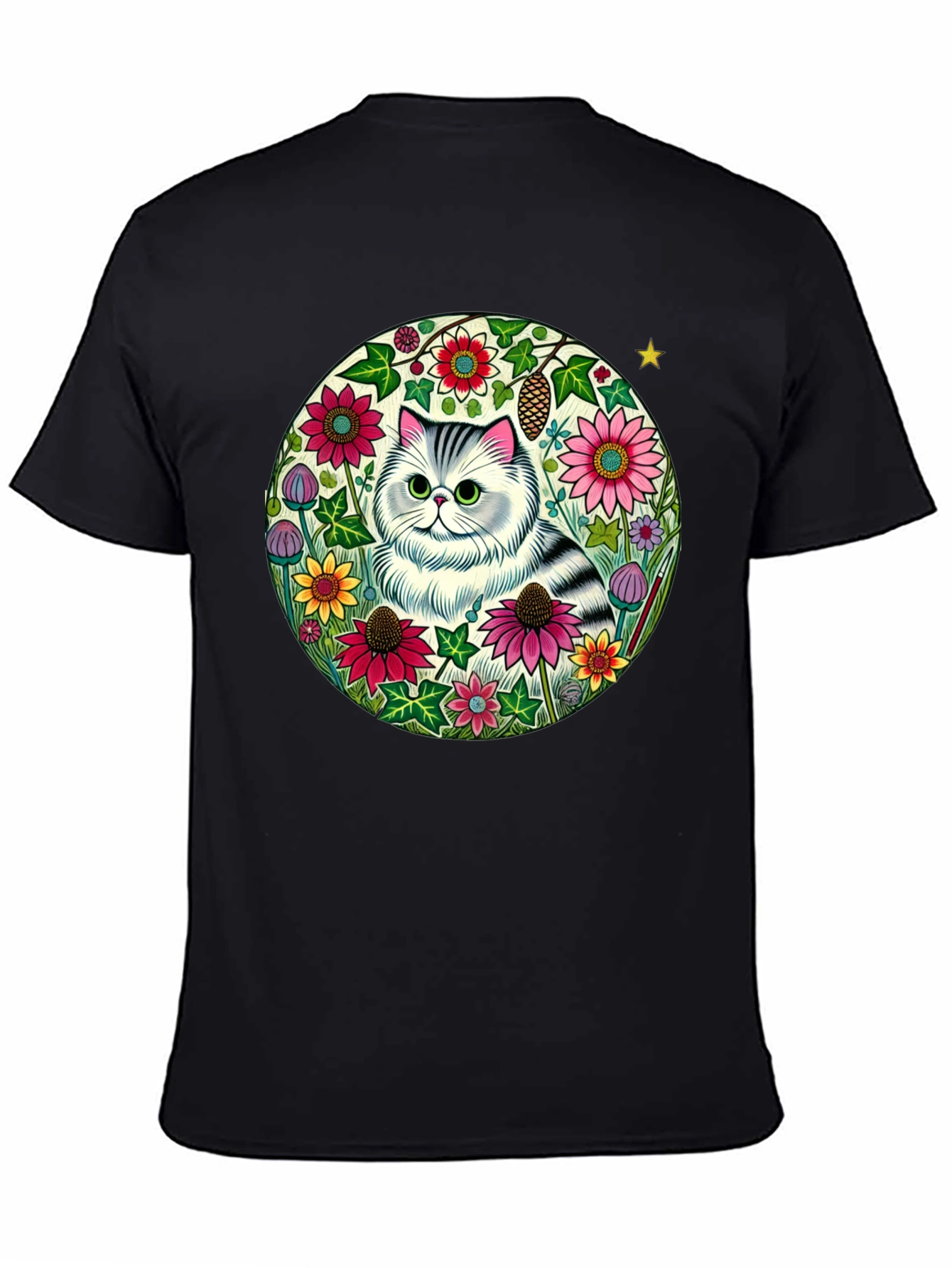 Floral Cat Graphic Tee - Black