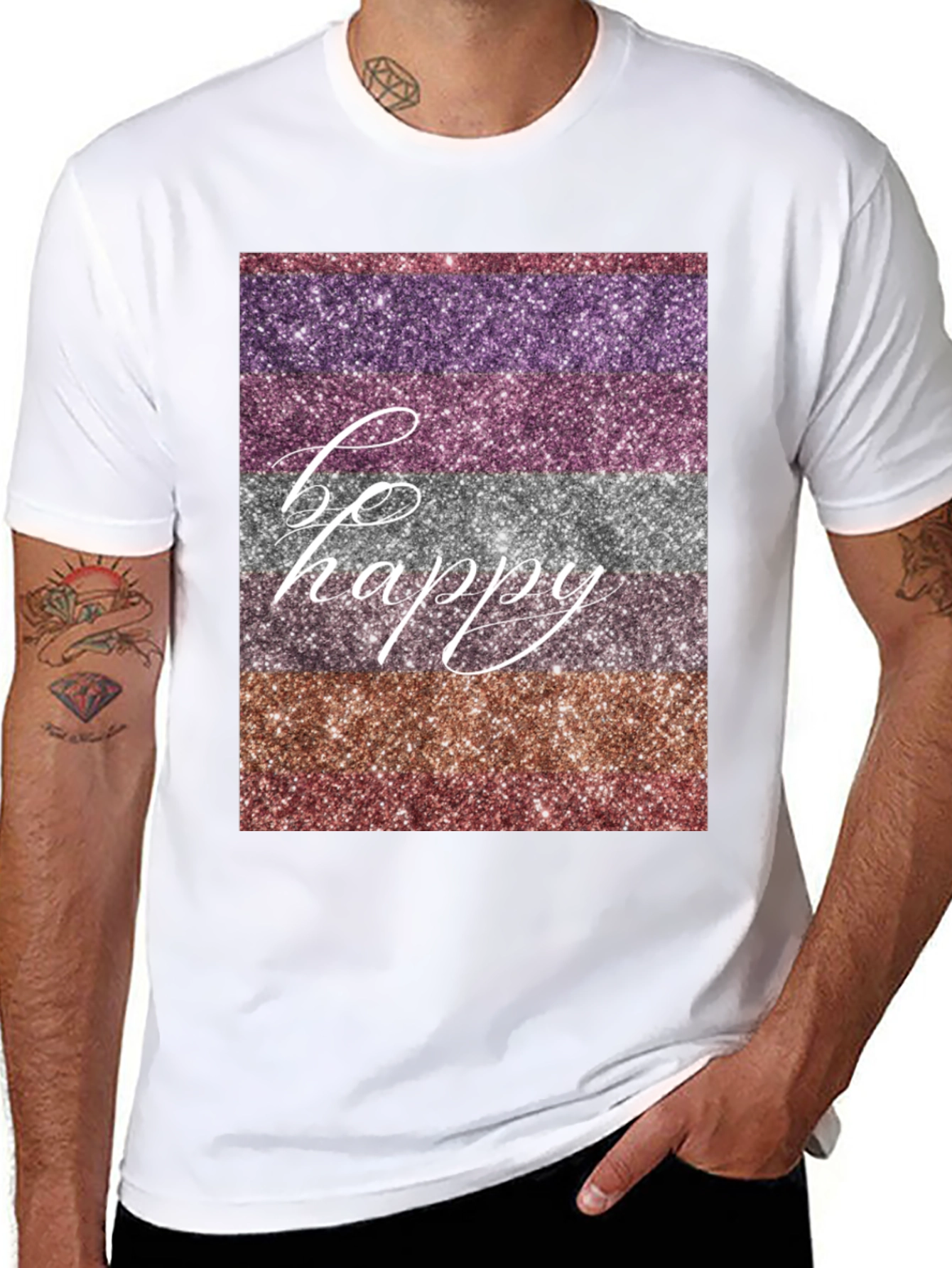 Be Happy Glitter Stripe Graphic T-Shirt