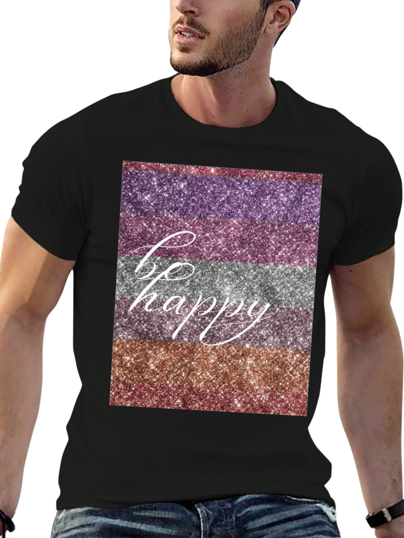 Be Happy Glitter Stripe Graphic T-Shirt