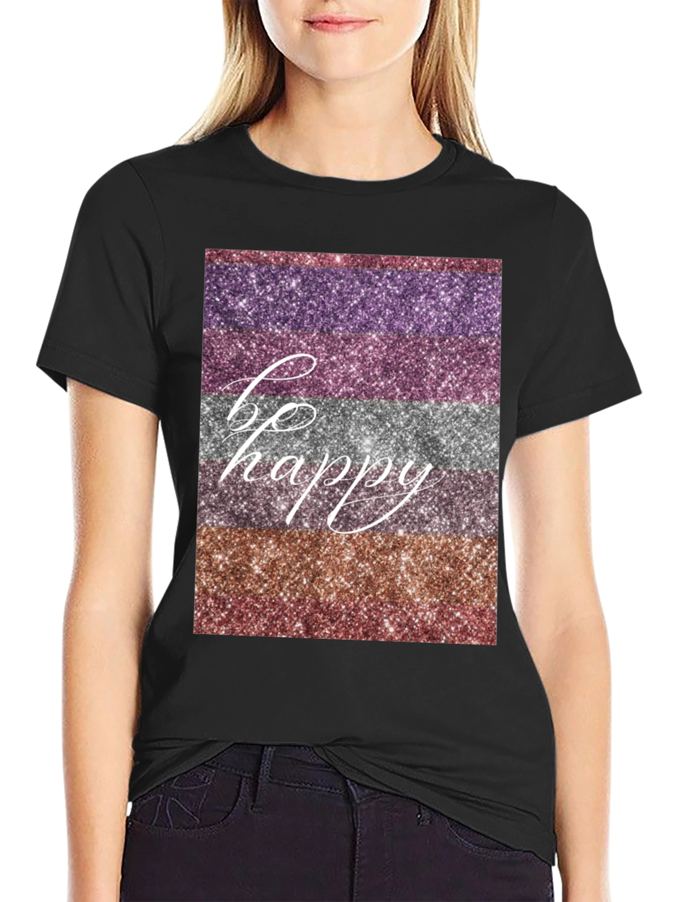 Be Happy Glitter Stripe Graphic T-Shirt
