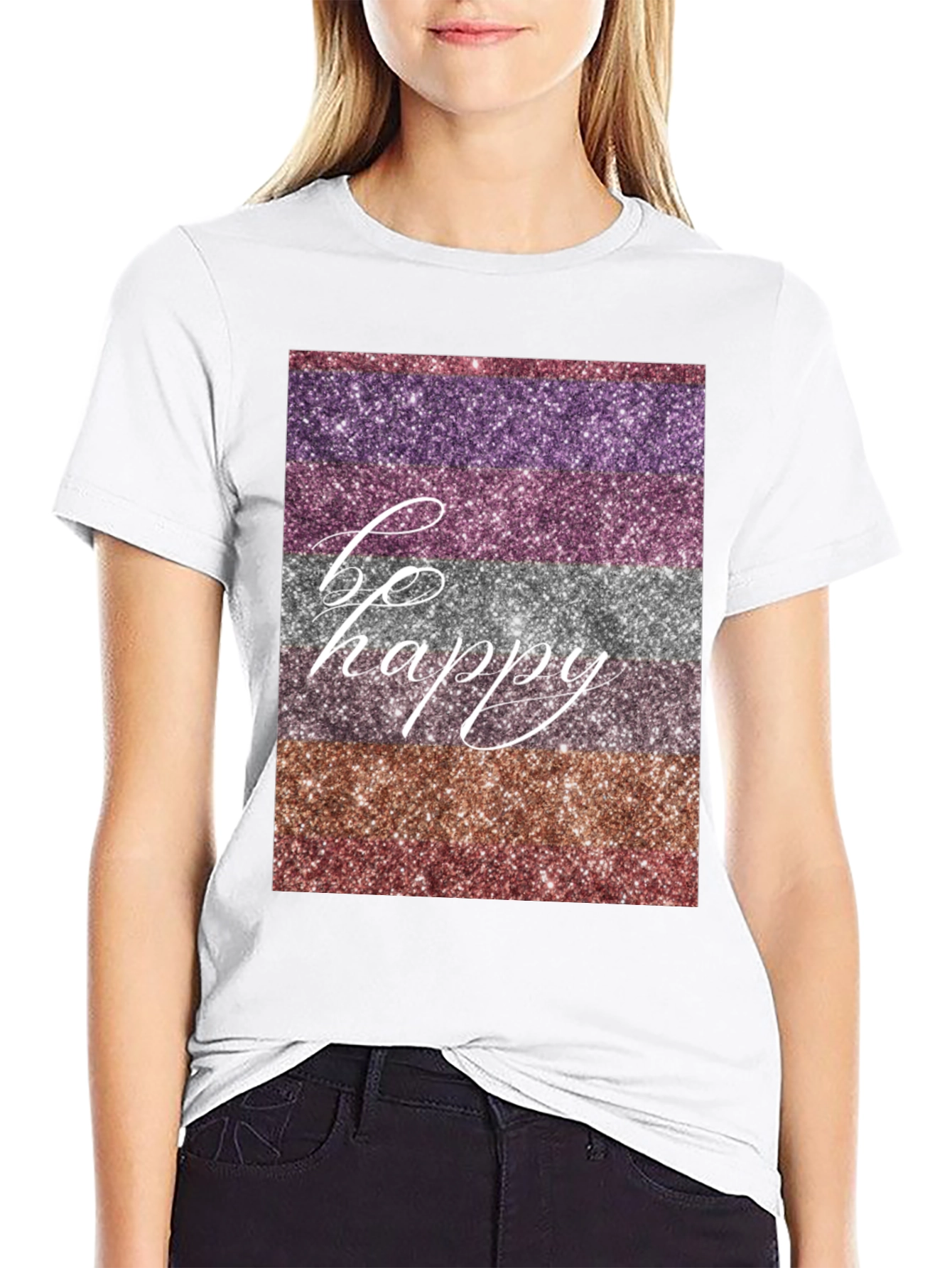 Be Happy Glitter Stripe Graphic T-Shirt