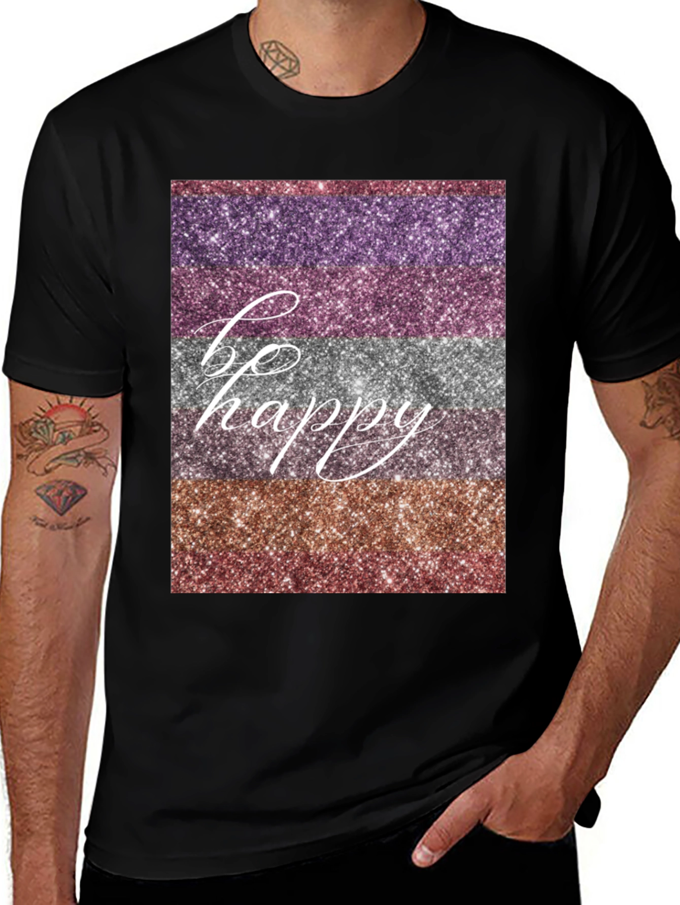 Be Happy Glitter Stripe Graphic T-Shirt