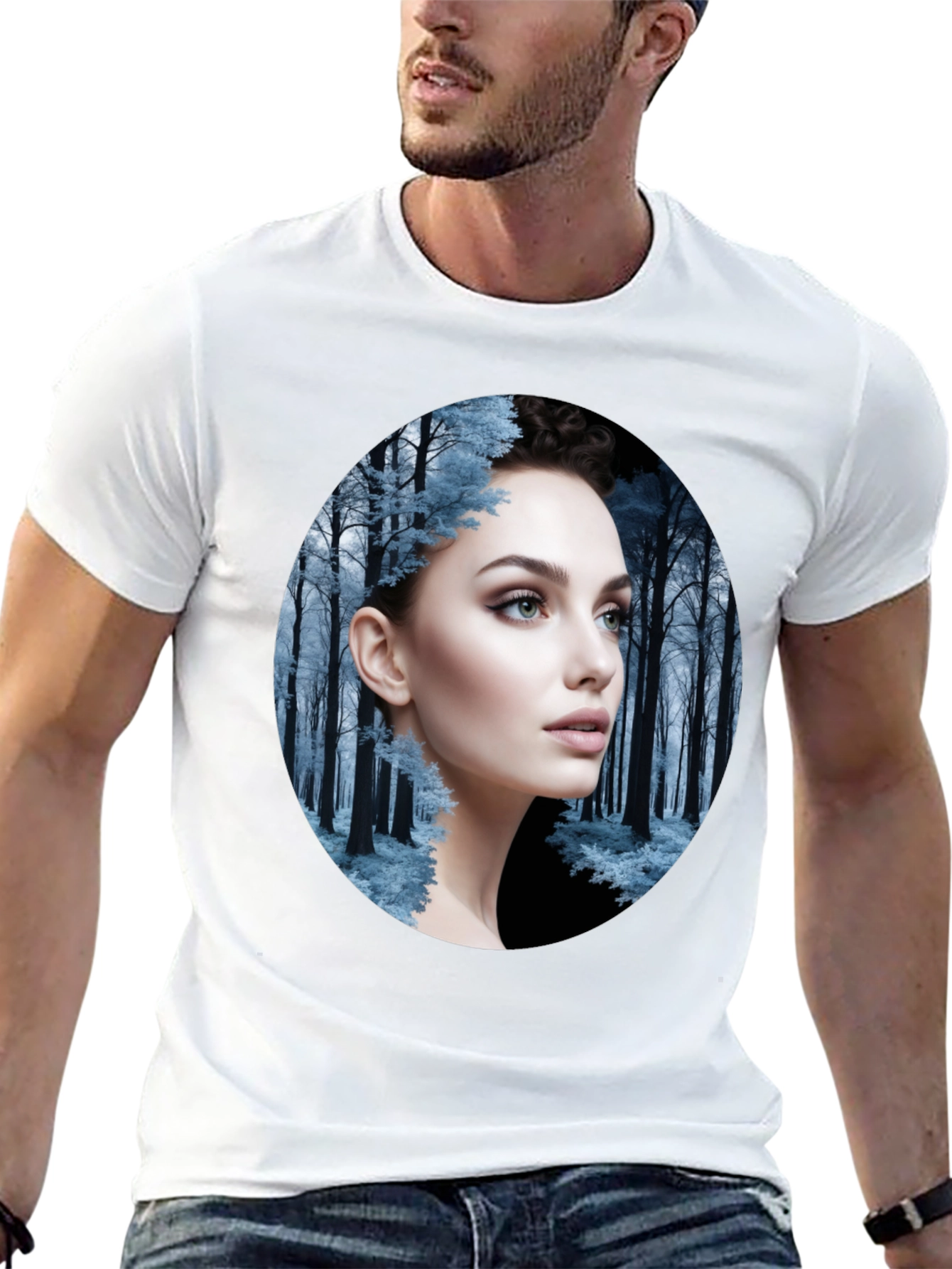 Woman in Winter Forest Black T-Shirt