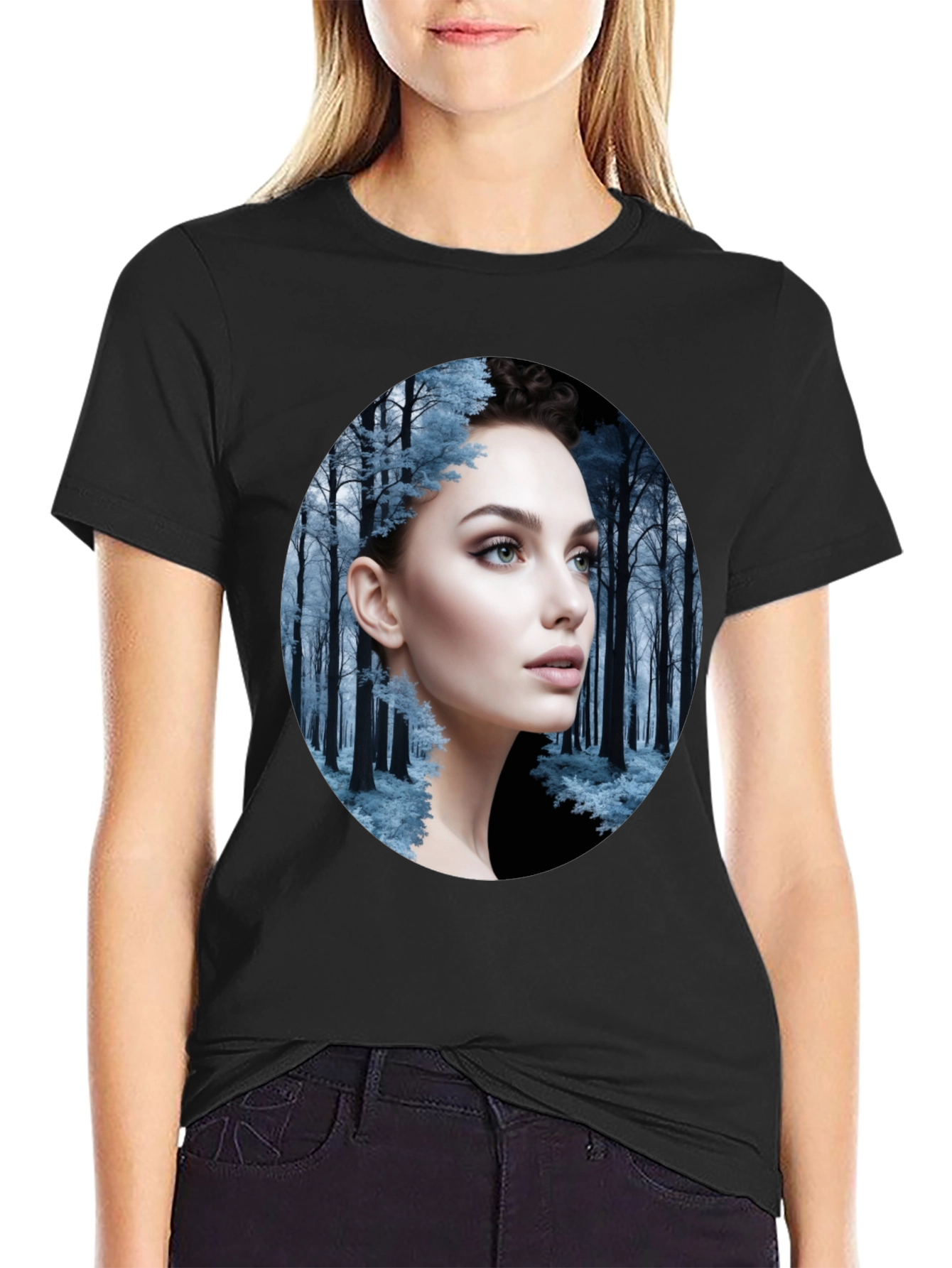 Woman in Winter Forest Black T-Shirt
