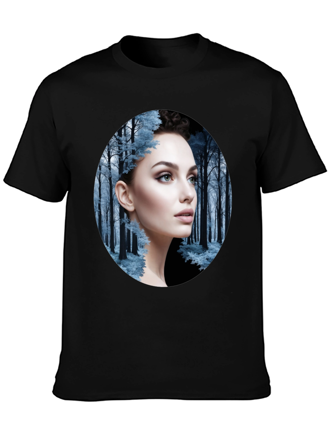 Woman in Winter Forest Black T-Shirt