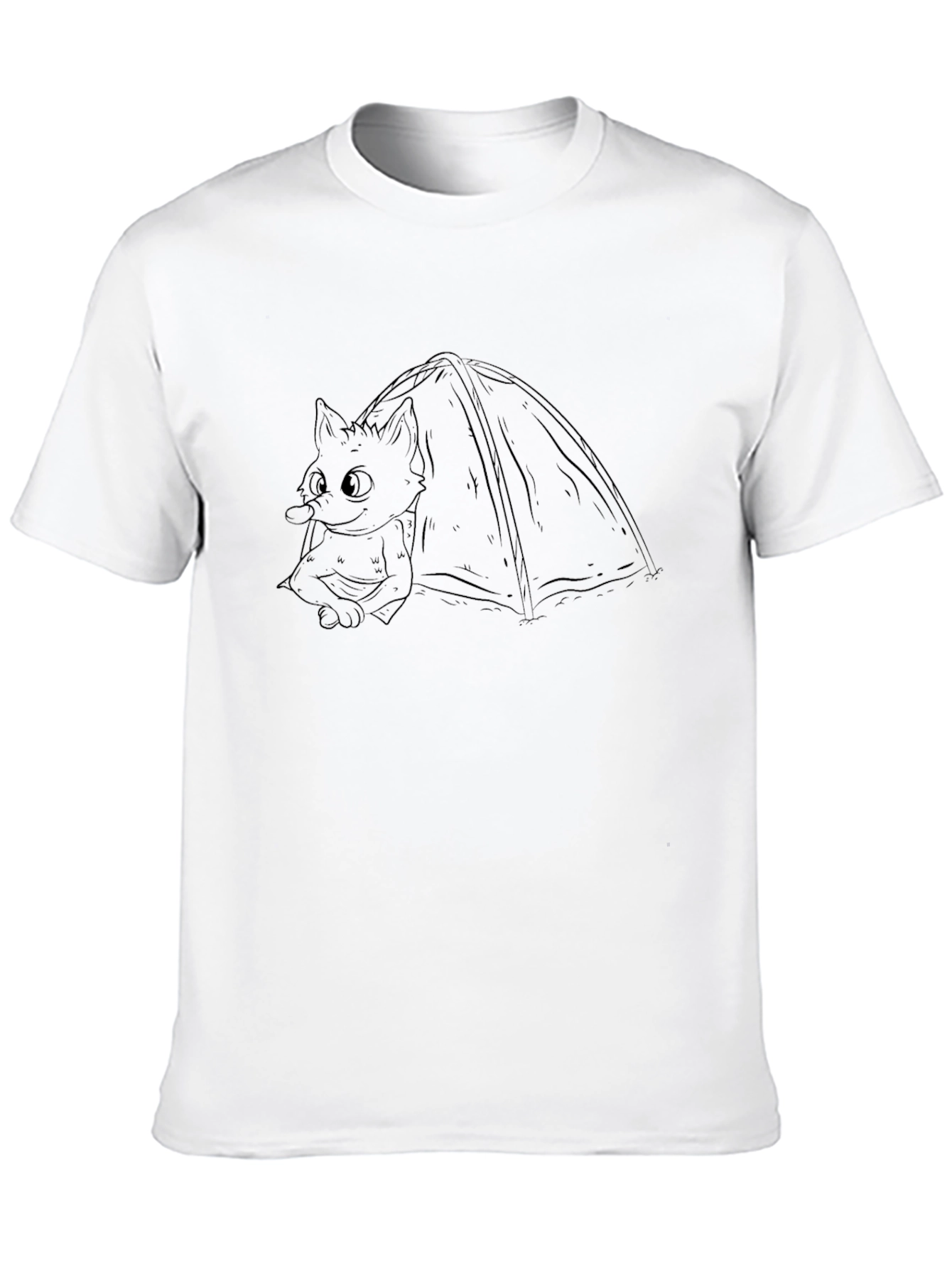 Black T-Shirt with Cartoon Cat Camping Graphic