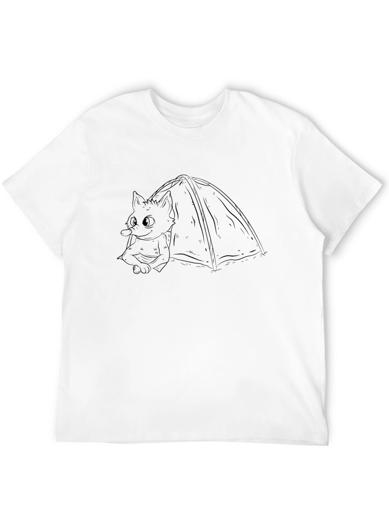 Black T-Shirt with Cartoon Cat Camping Graphic